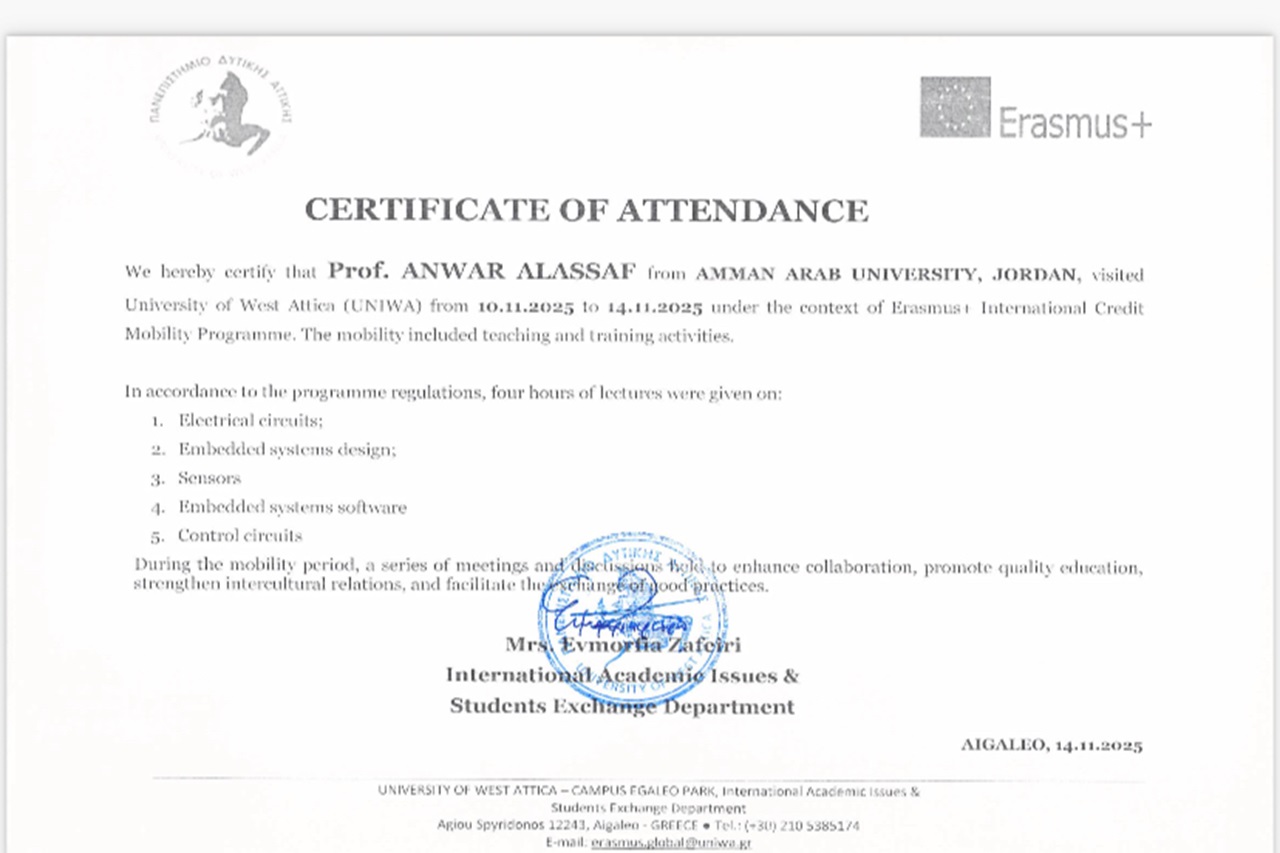 الدكتور العسّاف من "عمان العربية" يشارك في برنامج التنقل الأكاديمي " Erasmus+ Mobility " في جامعة غرب أتيكا في اليونان3