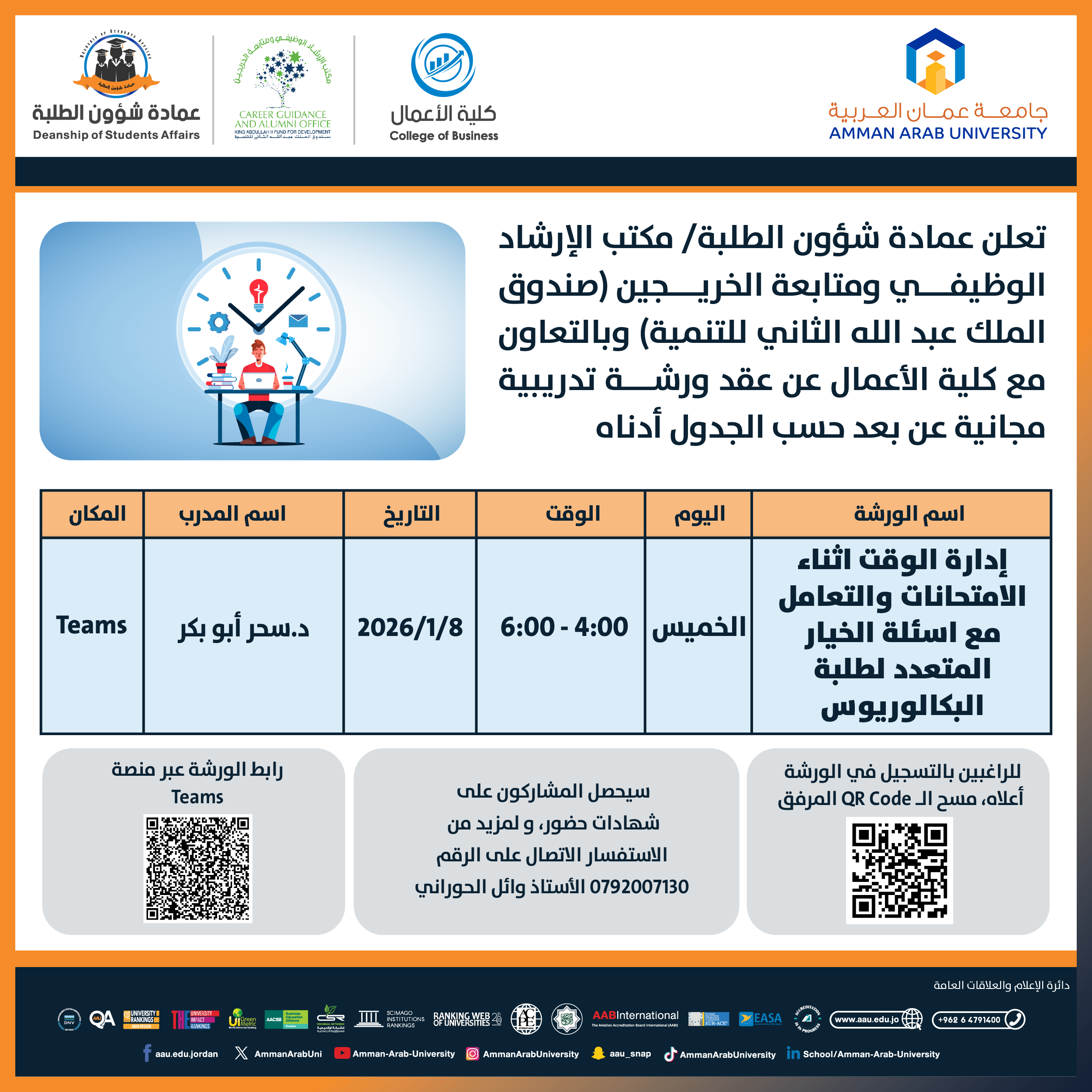 ورشة تدريبية بعنوان إدارة الوقت اثناء الامتحانات والتعامل مع اسئلة الخيار المتعدد لطلبة البكالوريوس