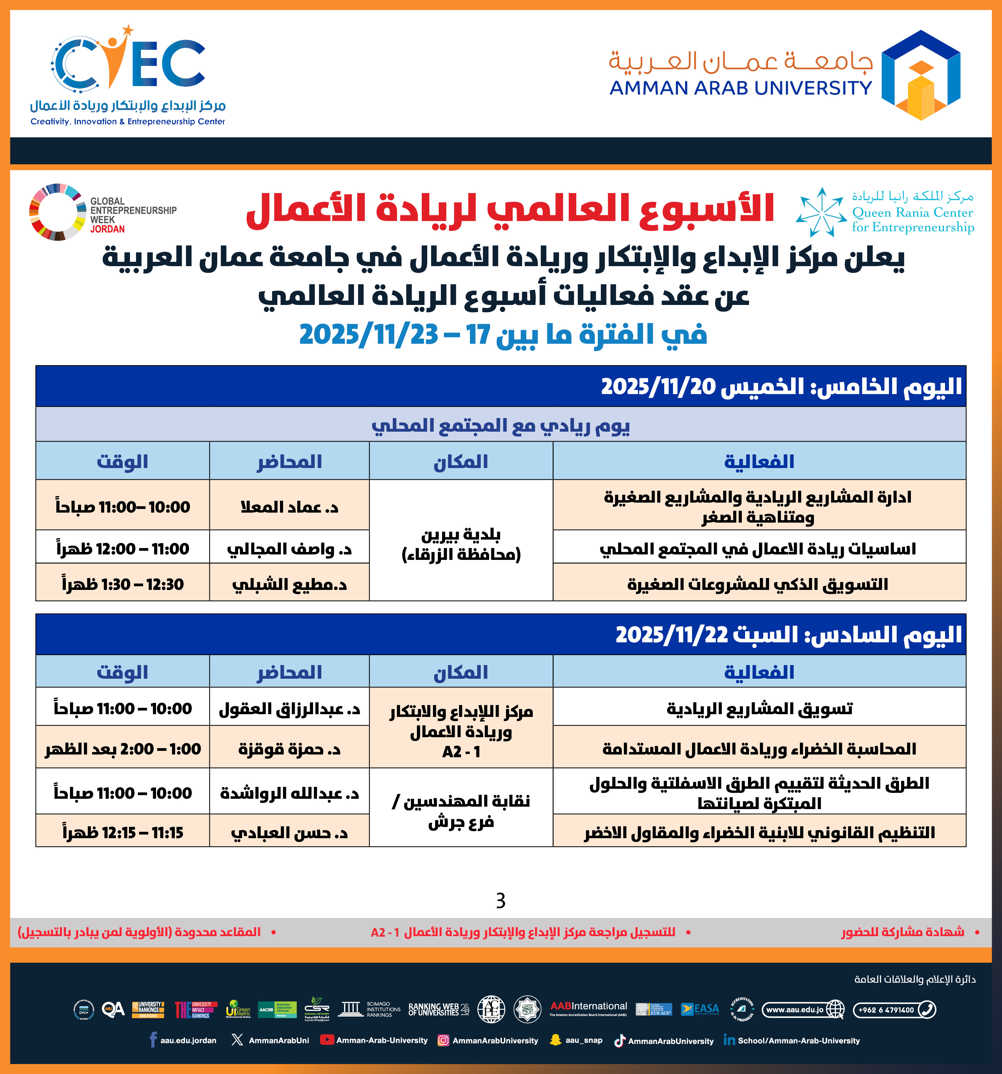 اعلان جدول الاسبوع العالمي لريادة الاعمال في الفترة ما بين17- 23 /32025/11