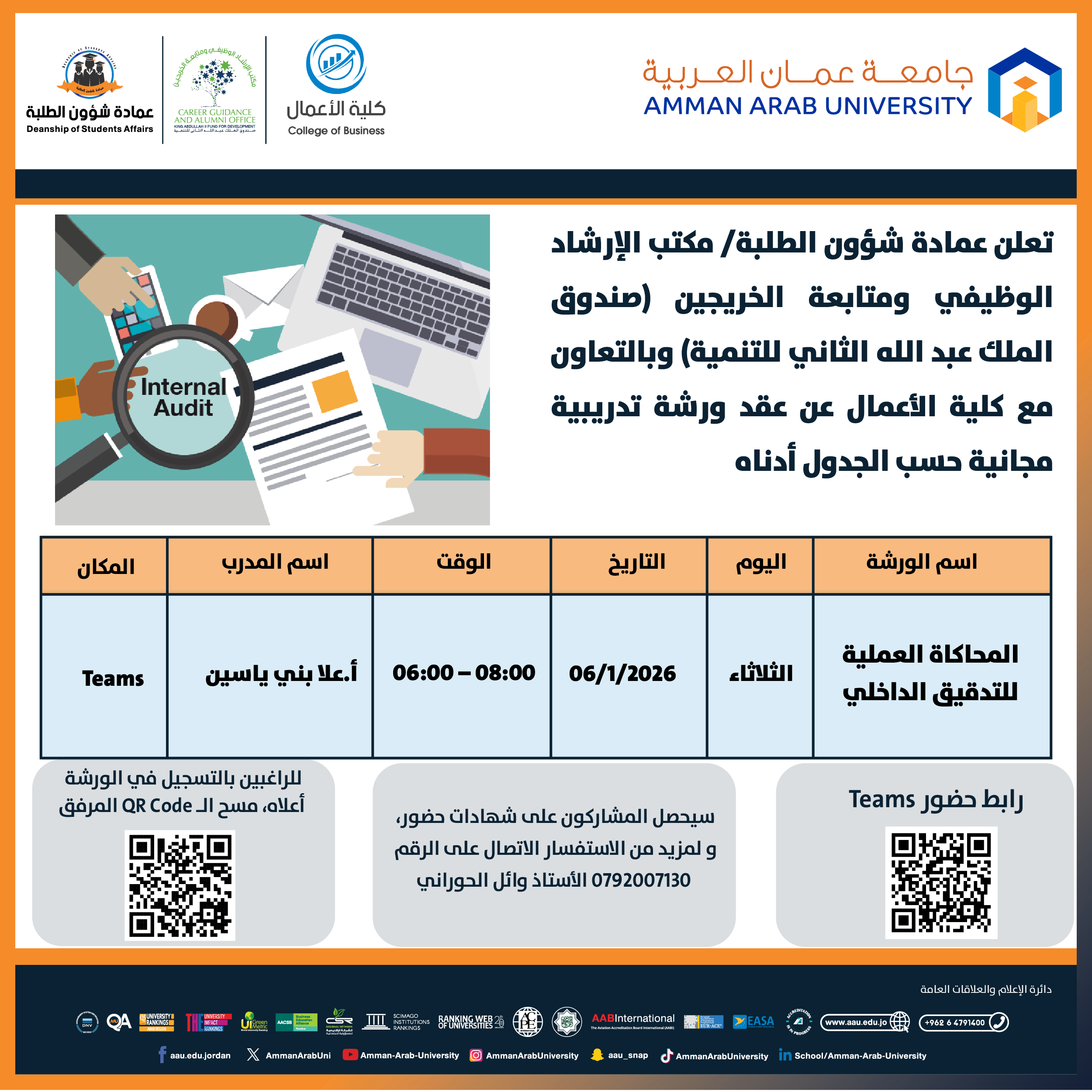 ورشة تدريبية بعنوان المحاكاة العملية للتدقيق الداخلي