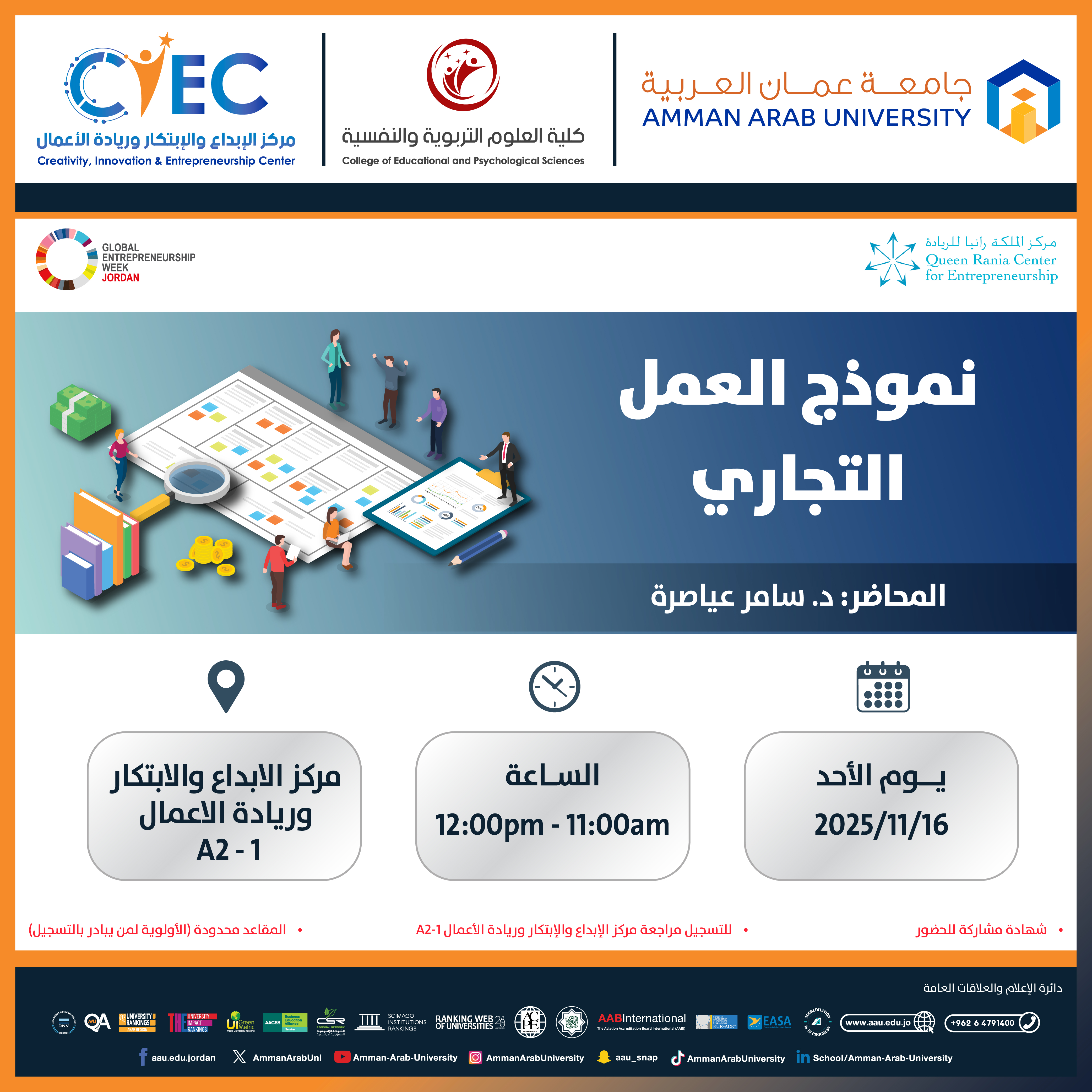 اعلان عن ورشات اليوم الاول- اسبوع الريادة العالمي1