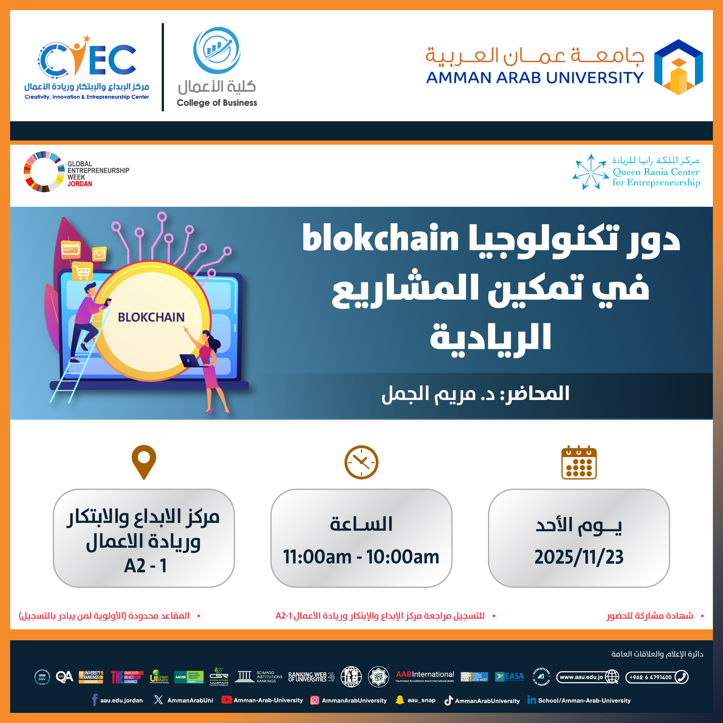 اعلان عن ورشات اليوم السابع - اسبوع الريادة العالمي1