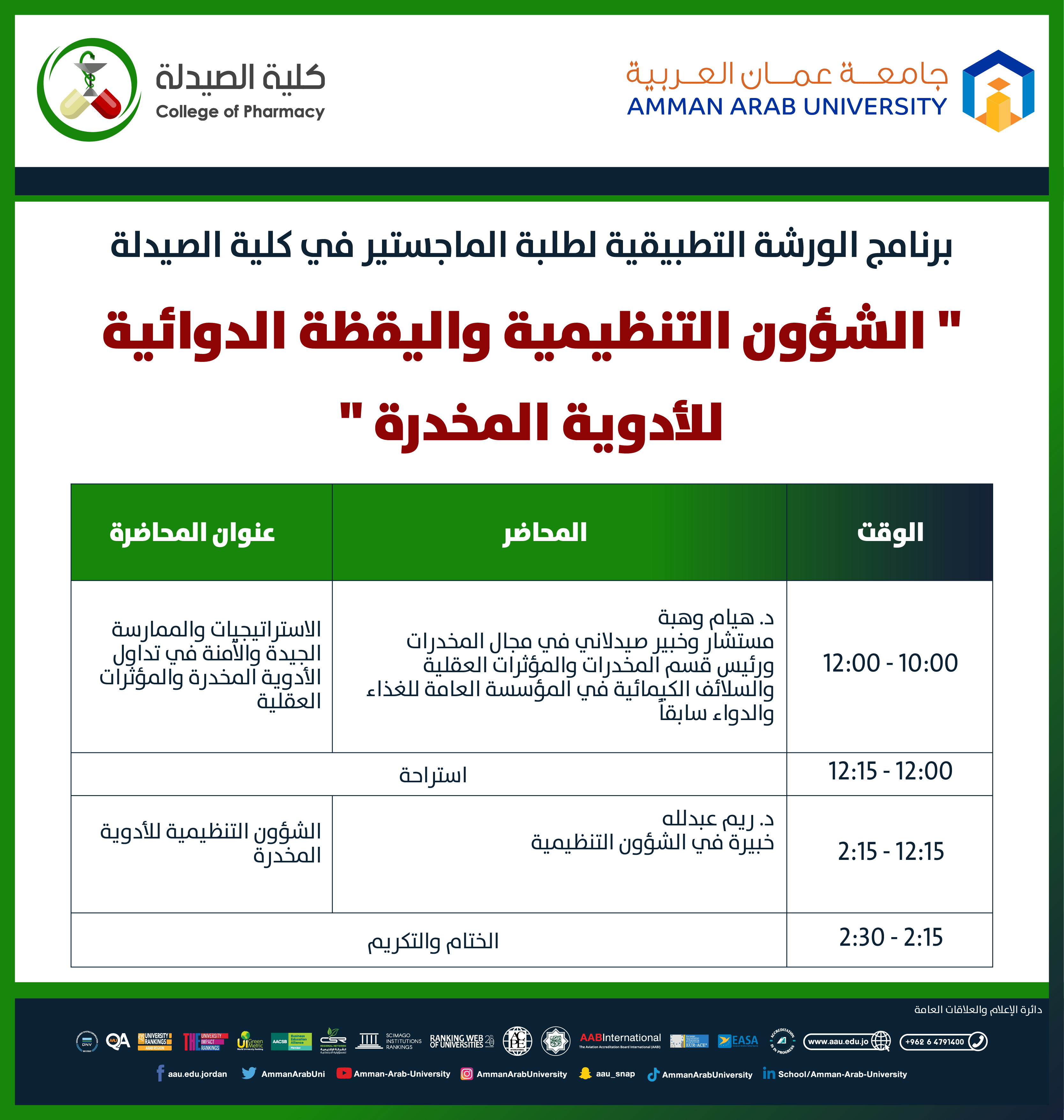 اعلان برنامج الورشة التطبيقية لطلبة الماجستير في كلية الصيدلة "الشؤون التنظيمية واليقظة الدوائية للأدوية المخدرة"