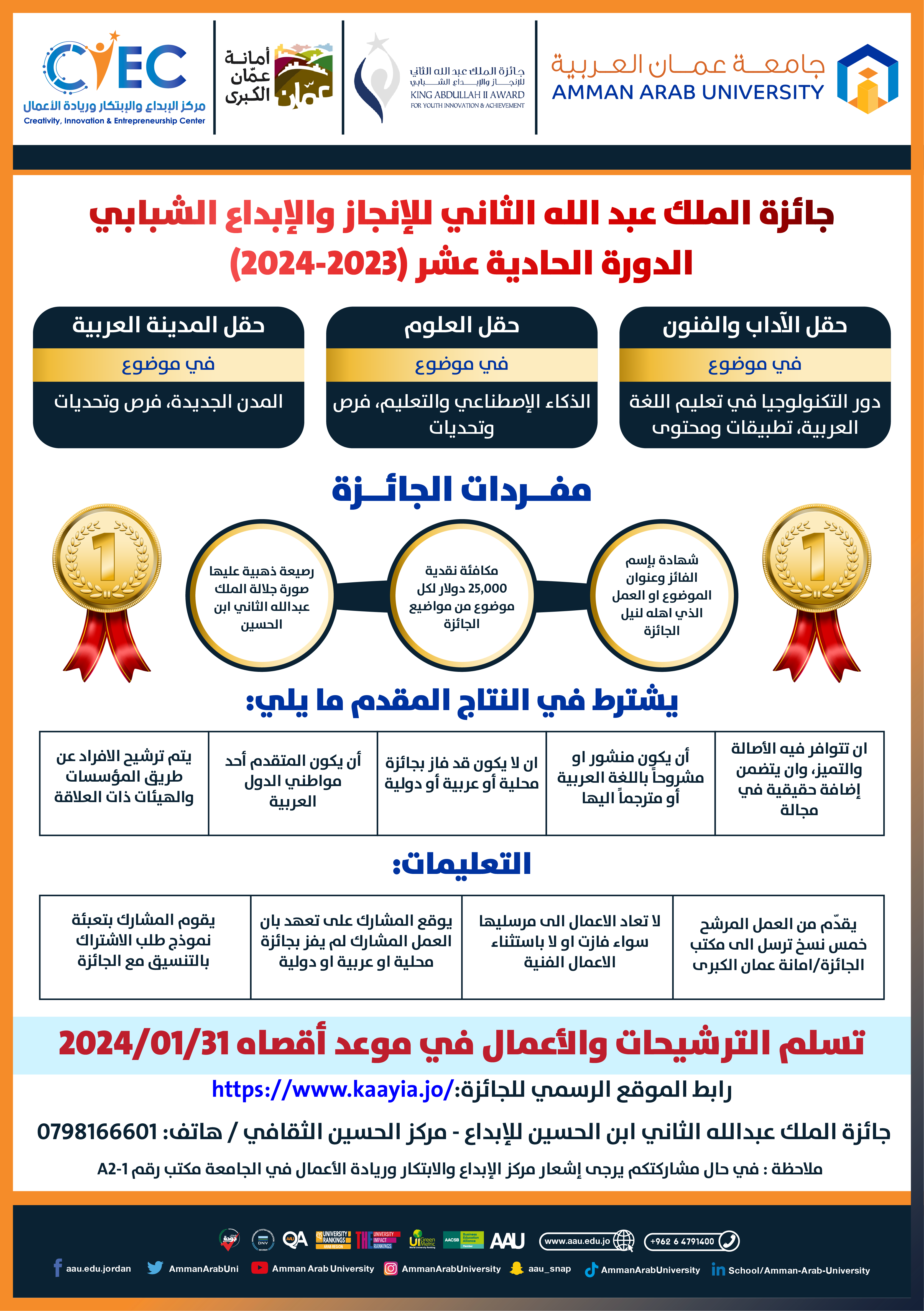اعلان جائزة الملك عبدلله الثاني ابن الحسين للابداع 2023/2024
