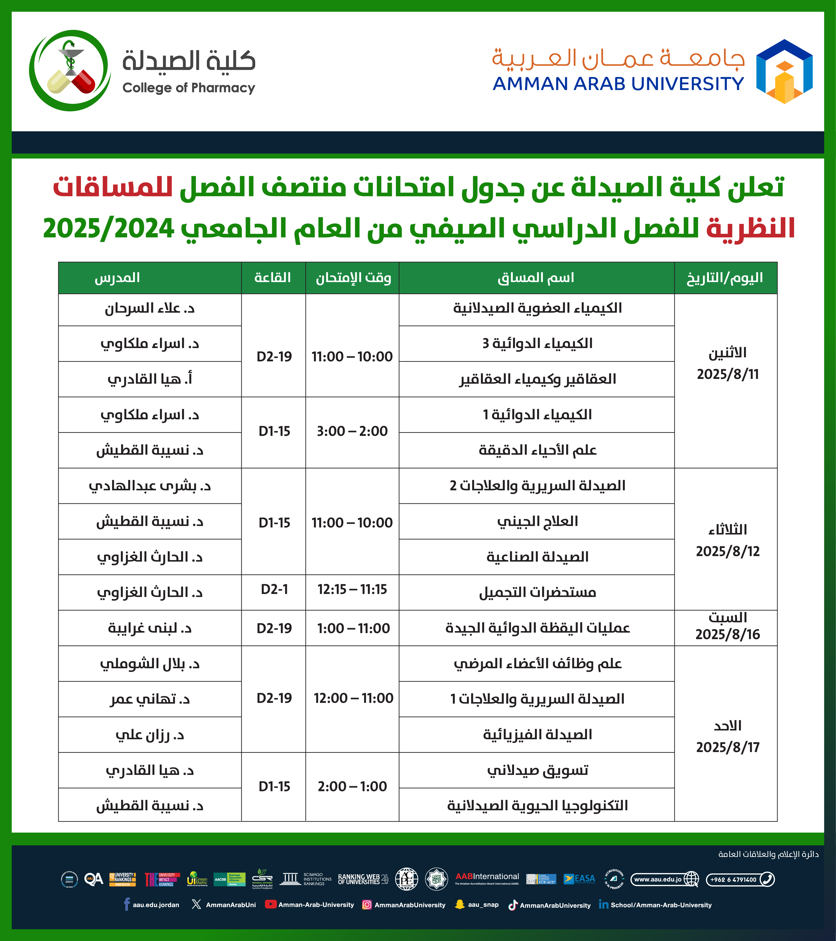 اعلان هام - جدول الامتحانات النصف فصلية (الميد) للمساقات النظرية للفصل الدراسي الصيفي للعام الجامعي 2024-2025 - كلية الصيدلة2