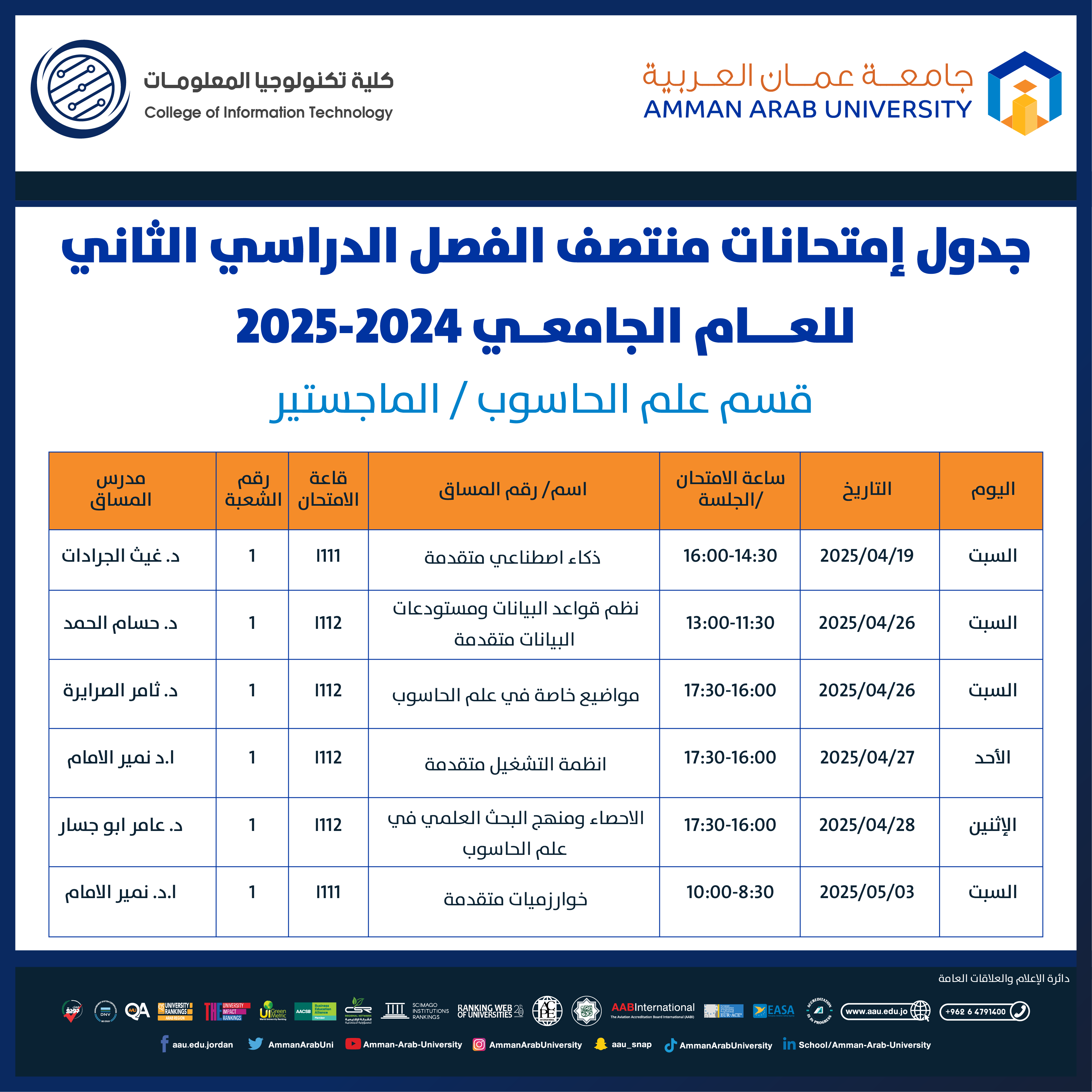 اعلان هام - جدول امتحانات منتصف الفصل الدراسي الثاني لقسم علم الحاسوب / ماجستير للعام الجامعي 2024-2025 - كلية تكنولوجيا المعلومات