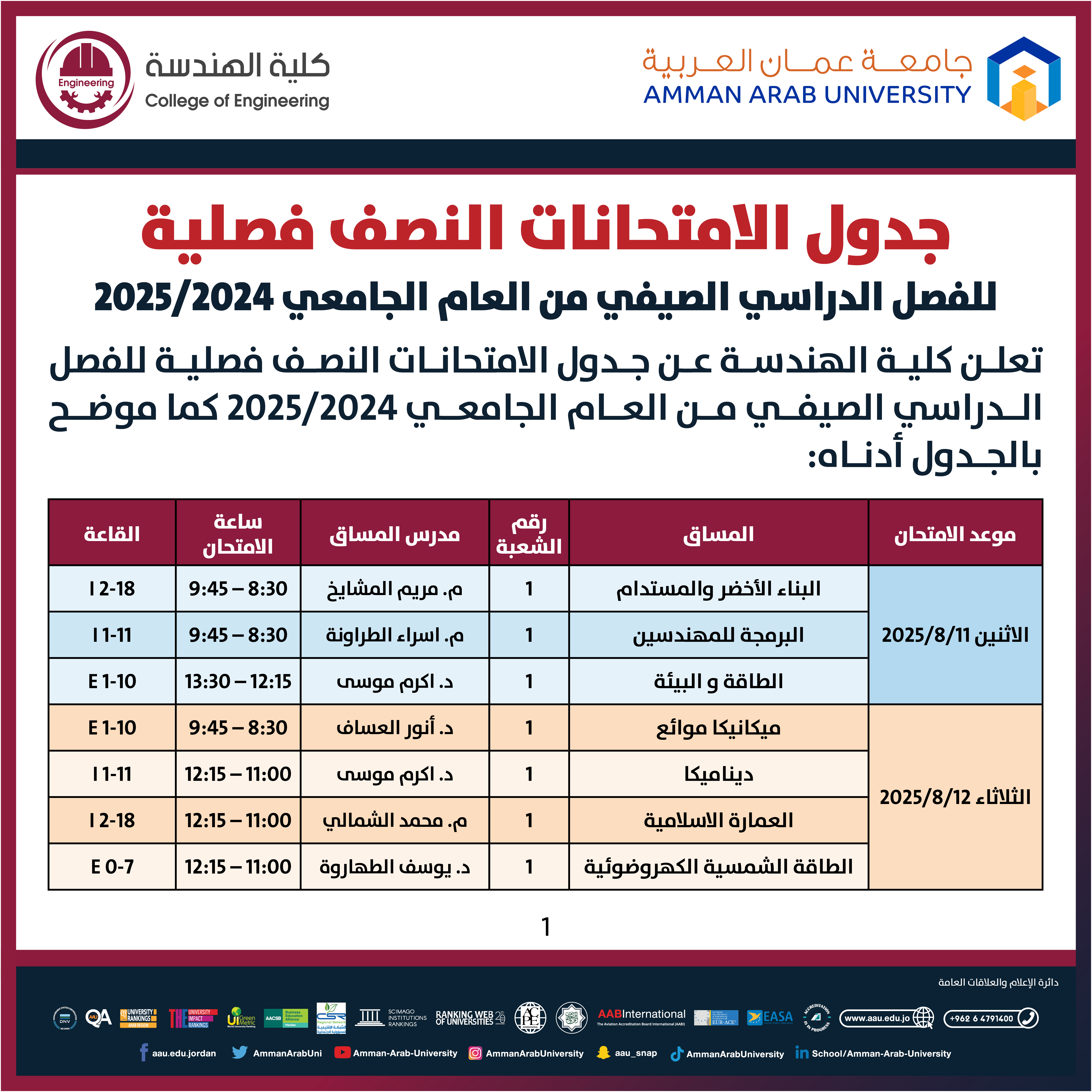 اعلان هام - جدول الامتحانات النصف فصلية (الميد) للفصل الدراسي الصيفي للعام الجامعي 2024-2025 - كلية الهندسة1