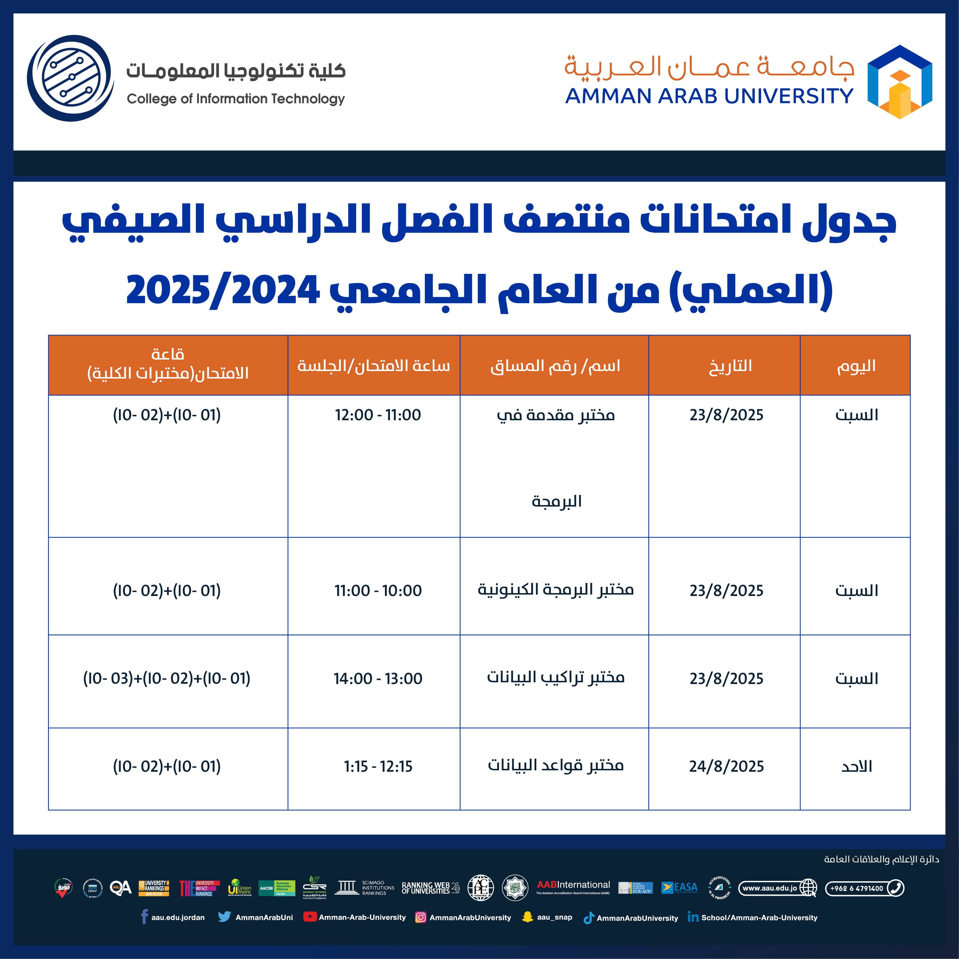اعلان هام - جدول الامتحانات النصف فصلية (الميد) للمساقات العملية للفصل الدراسي الصيفي للعام الجامعي 2024-2025 - كلية تكنولوجيا المعلومات