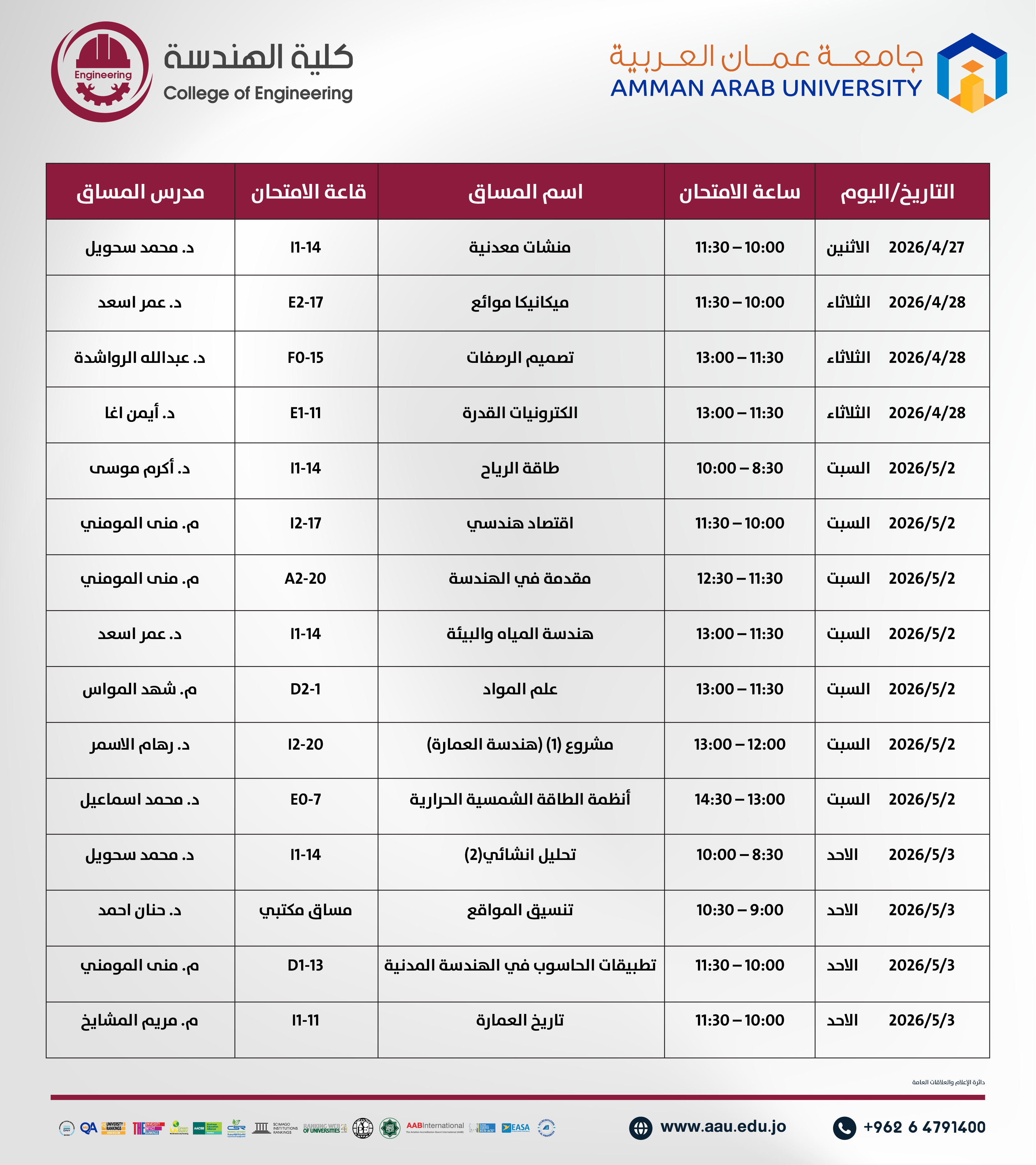 اعلان هام - جدول الإمتحانات نصف فصلية (النظرية) للفصل الدراسي الثاني 2025-2026- كلية الهندسة2