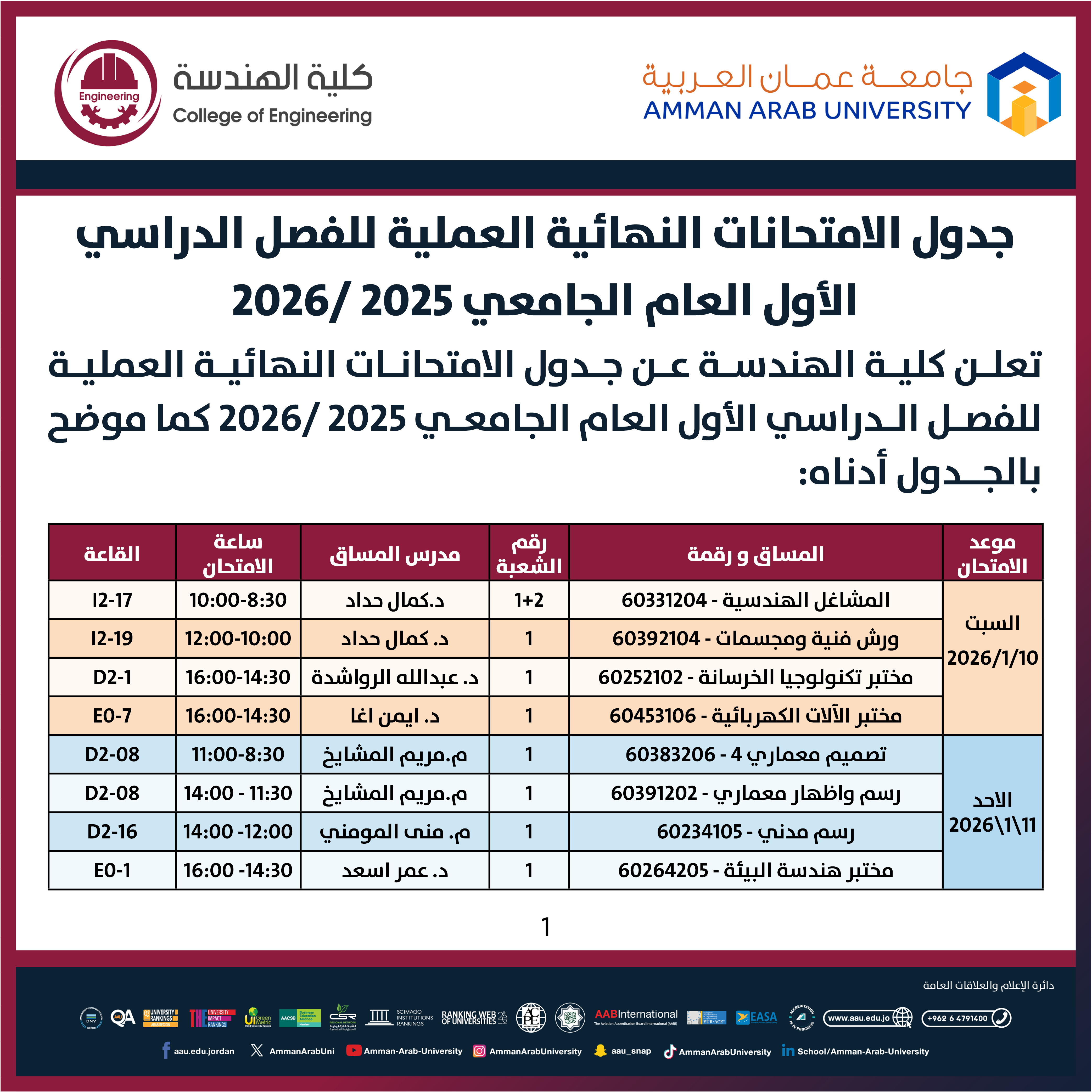 اعلان هام - جدول الإمتحانات النهائية العملية للفصل الدراسي الاول 2025-2026- كلية الهندسة1