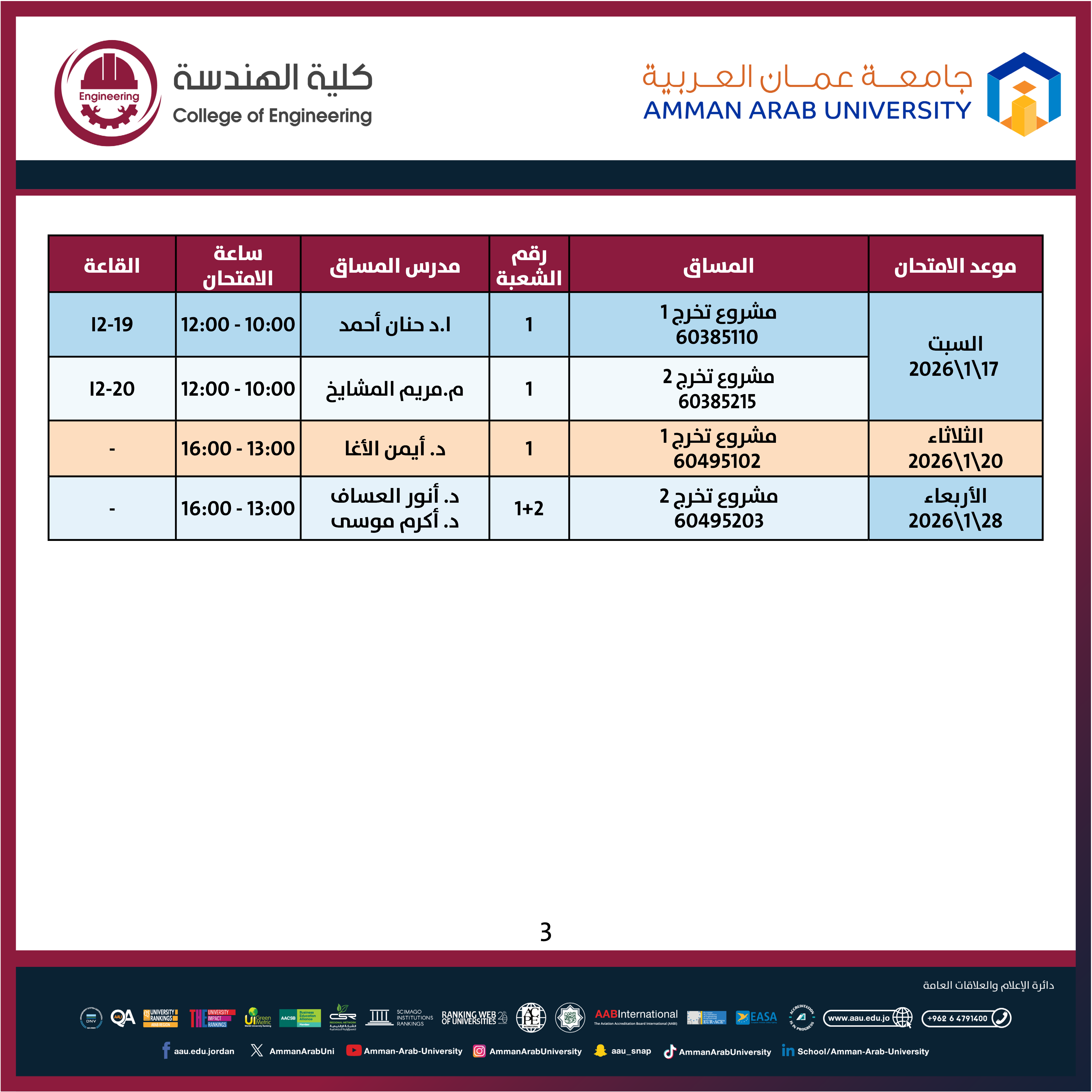 اعلان هام - جدول الإمتحانات النهائية العملية للفصل الدراسي الاول 2025-2026- كلية الهندسة3