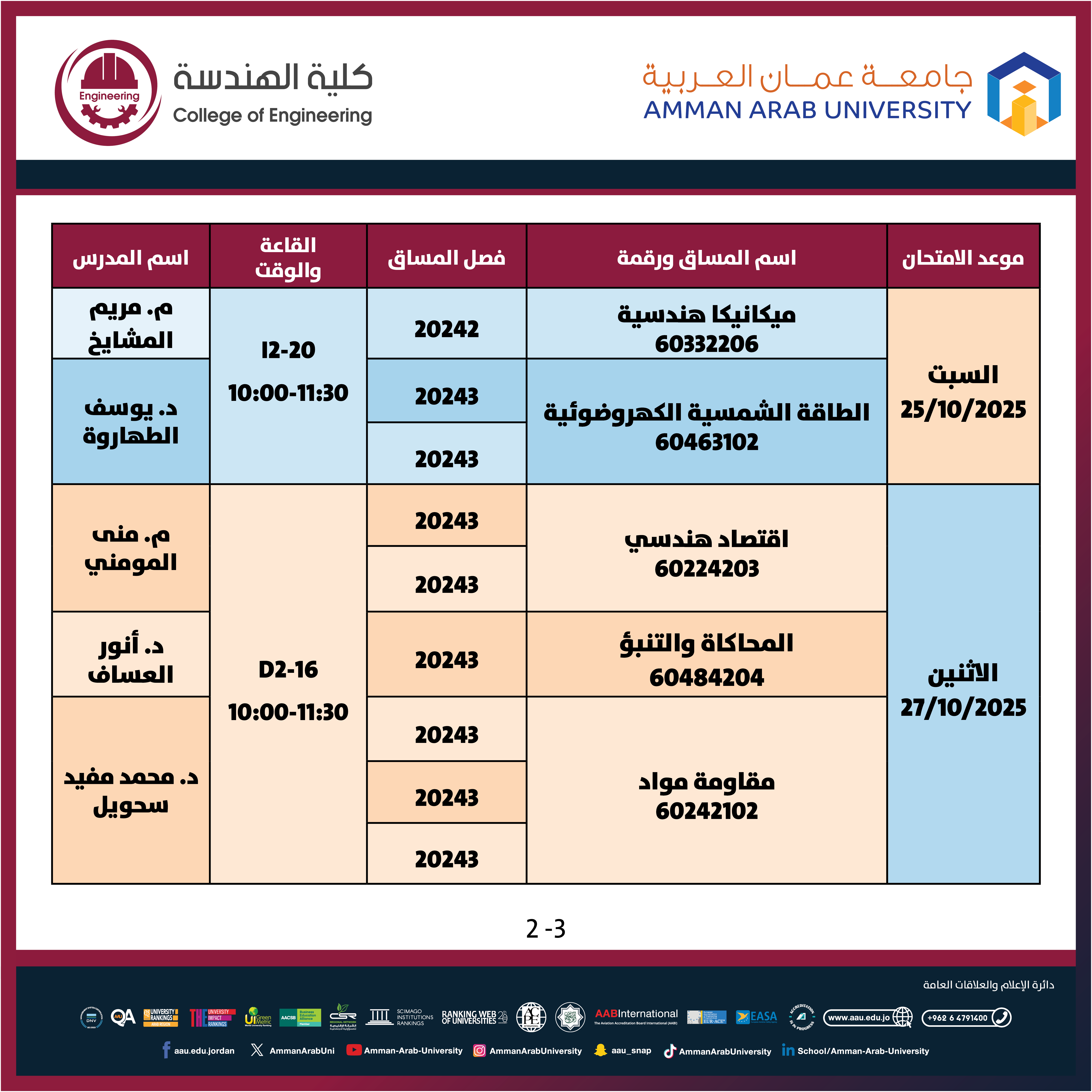 اعلان هام - جدول امتحانات غير مكتمل للعام الجامعي 2024-2025 - كلية الهندسة2