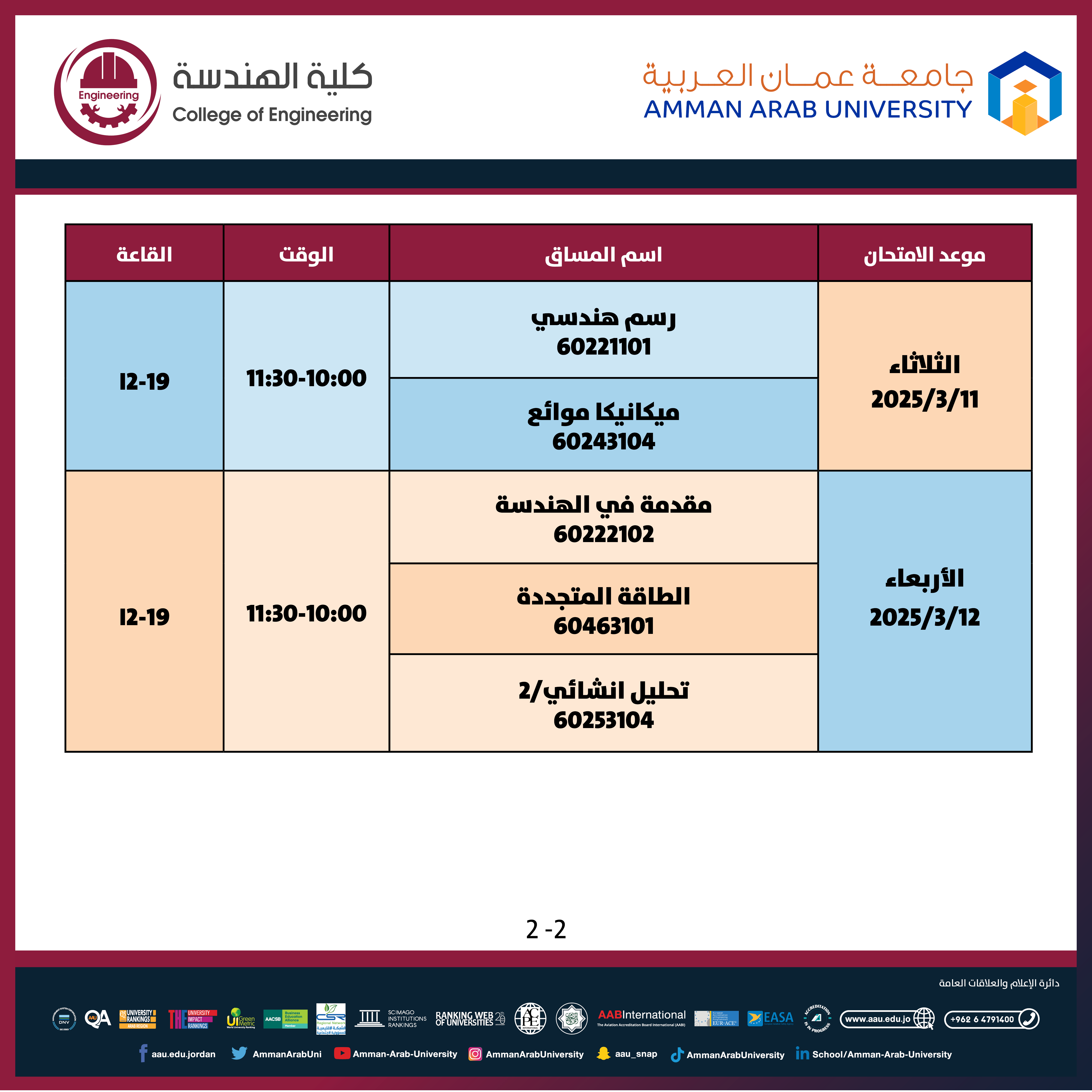 اعلان هام - جدول الامتحانات التكميلية للفصل الدراسي الاول للعام الجامعي 2025/2024 - كلية الهندسة2