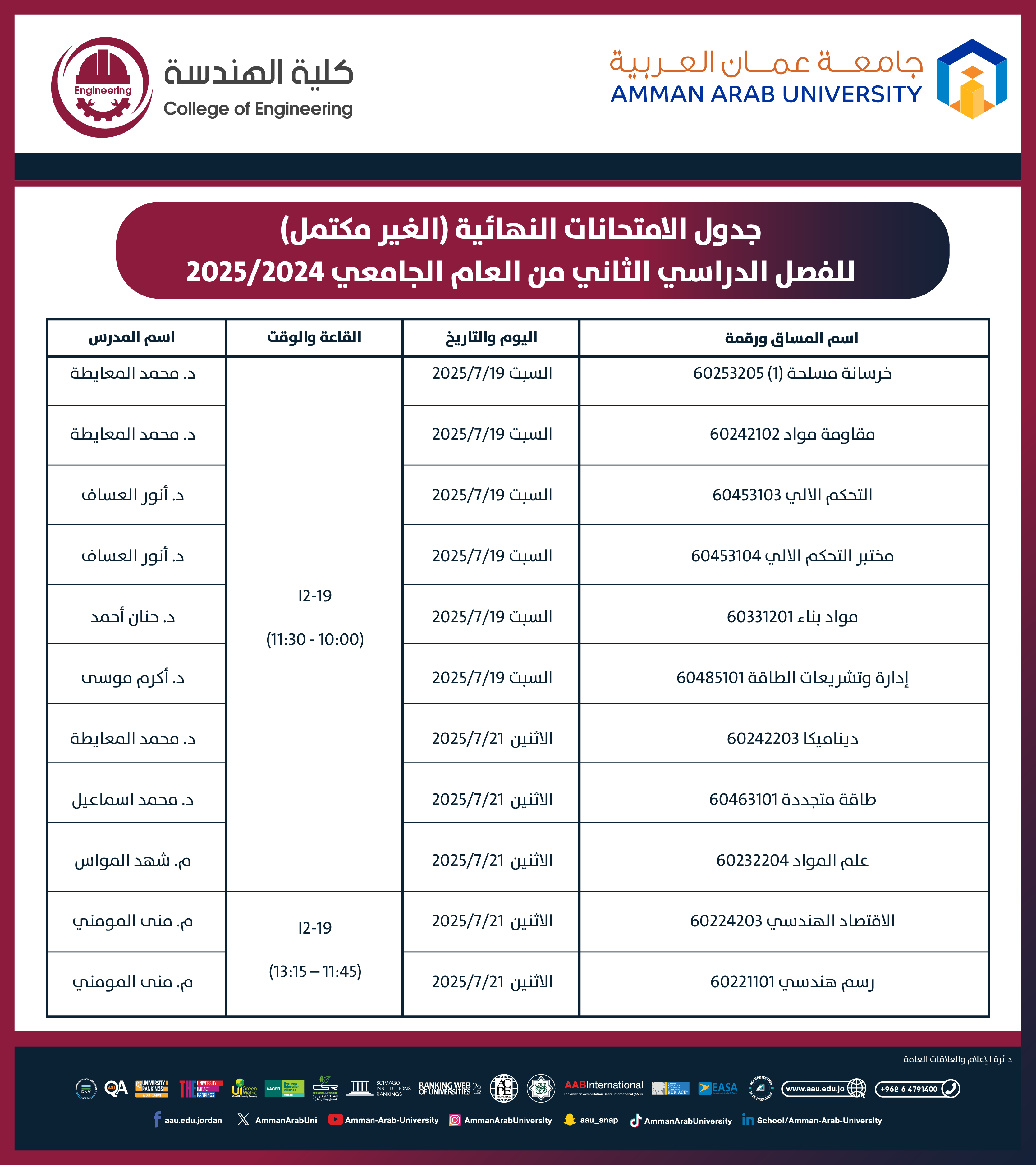 اعلان هام - جدول امتحانات النهائية غير المكتمل للفصل الدراسي الثاني 2024-2025 - كلية الهندسة