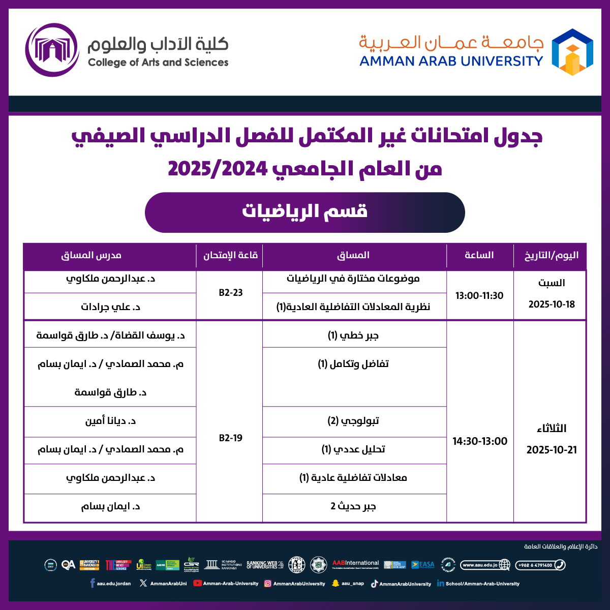 اعلان هام - جدول امتحانات غير مكتمل للفصل الدراسي الصيفي للعام الجامعي 2024-2025 - قسم الرياضيات