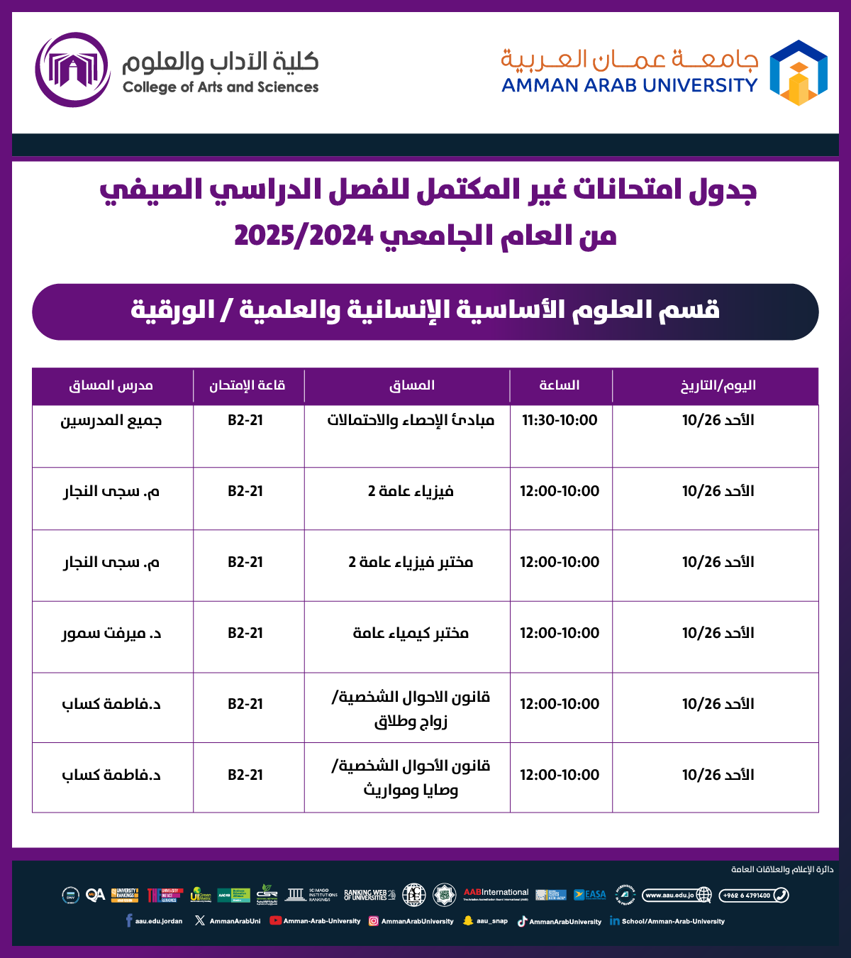 اعلان هام - جدول امتحانات غير مكتمل للفصل الدراسي الصيفي للعام الجامعي 2024-2025 - قسم العلوم الاساسية الانسانية والعلمية1