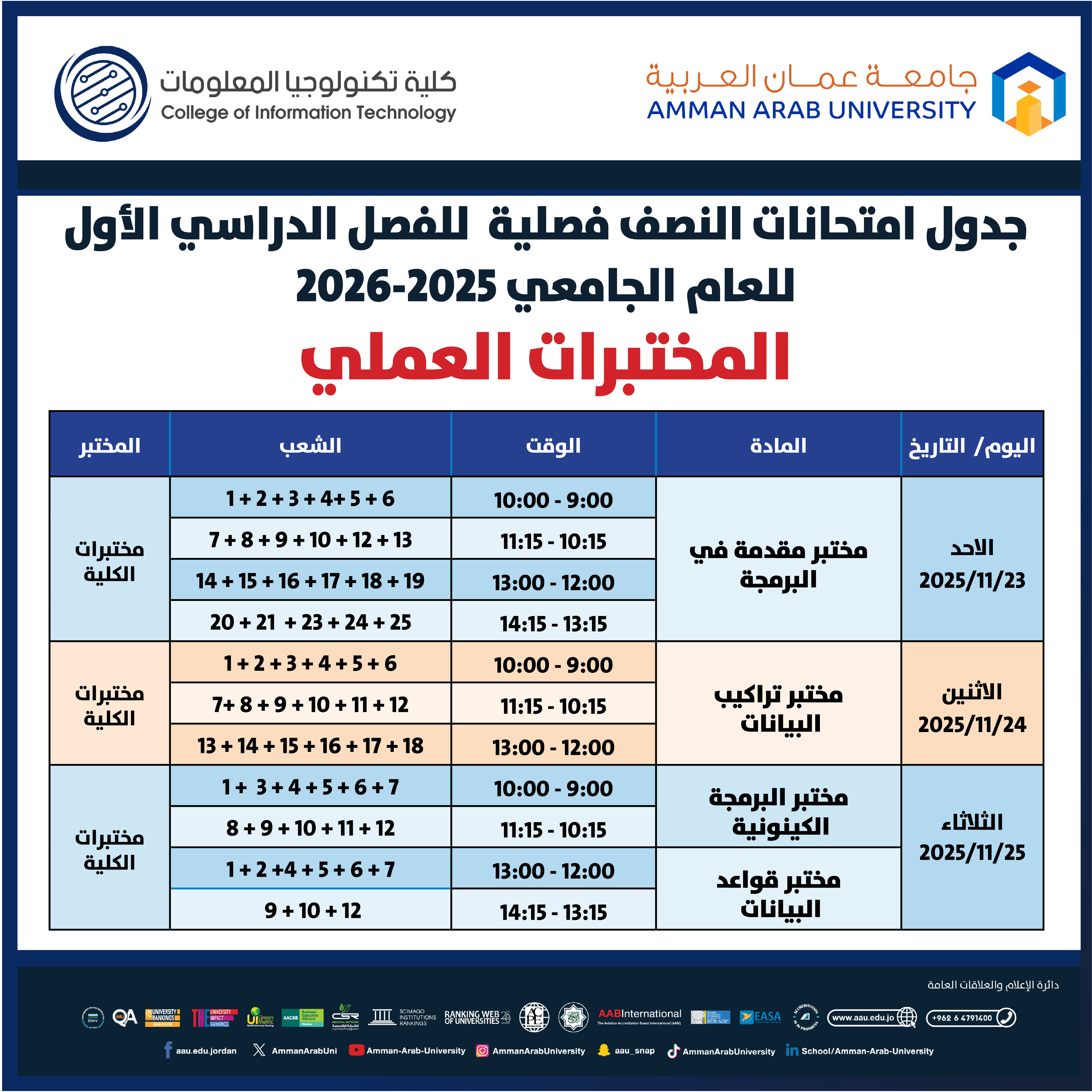 اعلان هام جدول امتحانات منتصف الفصل الدراسي الأول 2025-2026 (المختبرات العملي) - كلية تكنولوجيا المعلومات