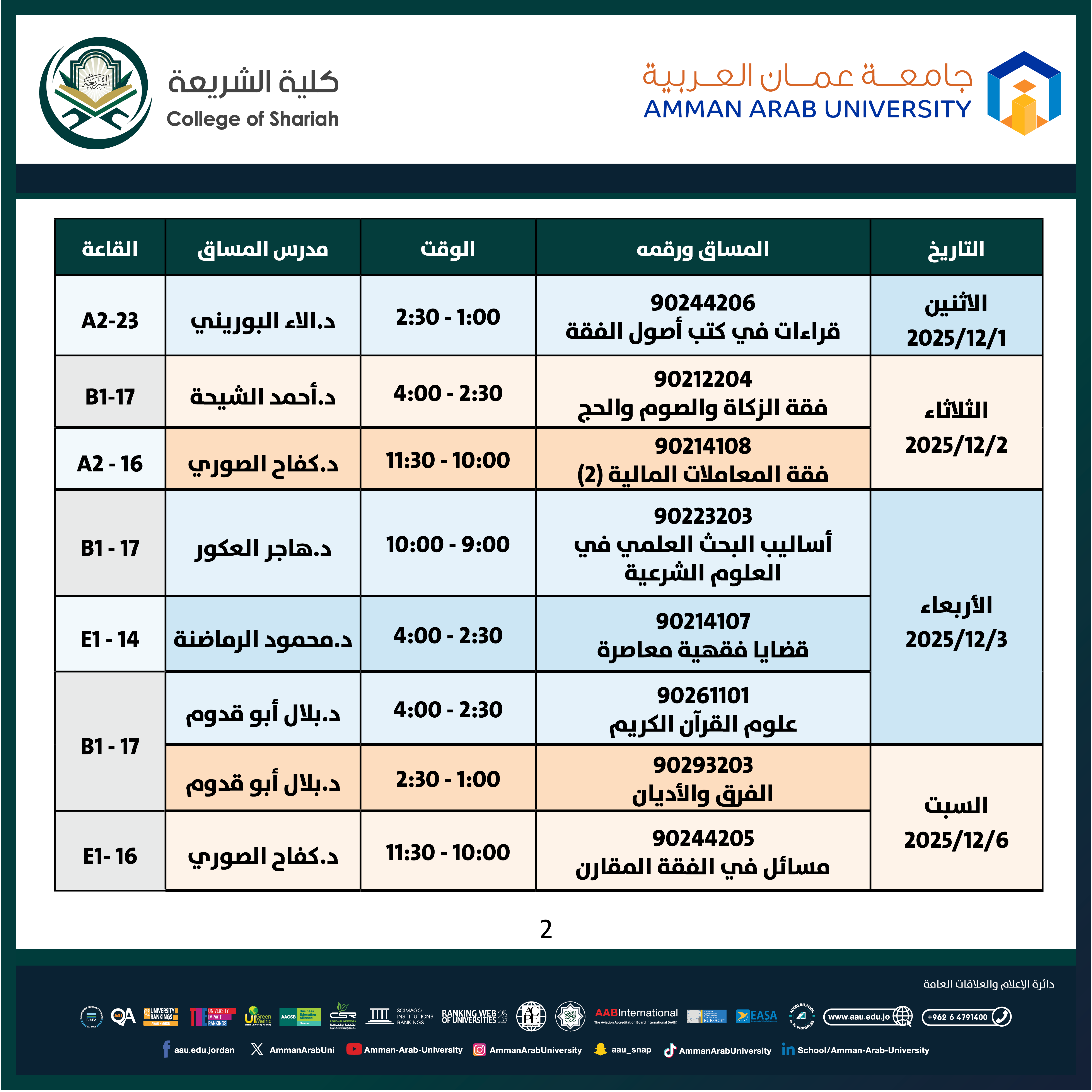 اعلان هام جدول امتحانات منتصف الفصل الدراسي الأول 2025-2026 - كلية الشريعة2