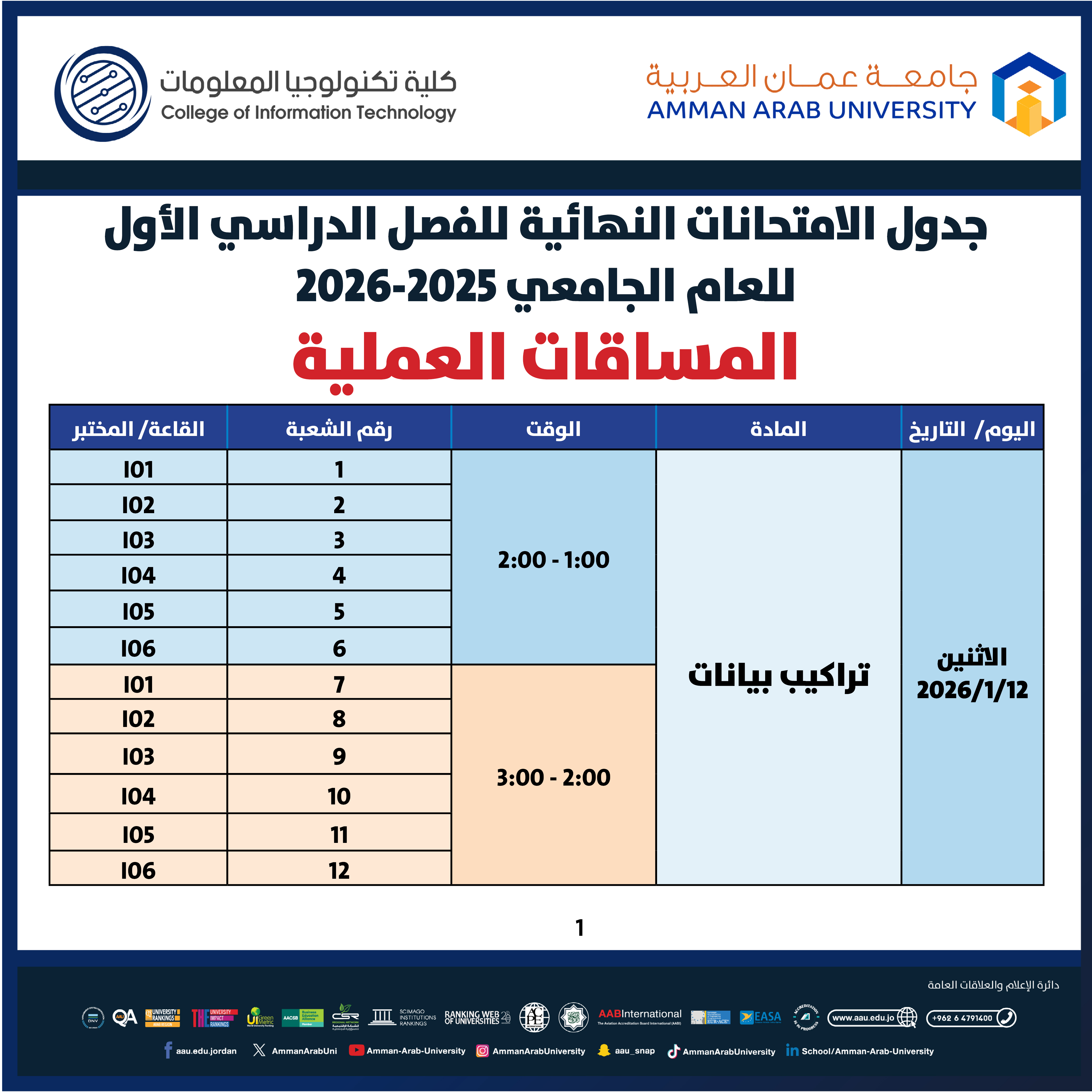 اعلان هام - جدول الإمتحانات النهائية العملية للفصل الدراسي الاول 2025-2026- كلية تكنولوجيا المعلومات1