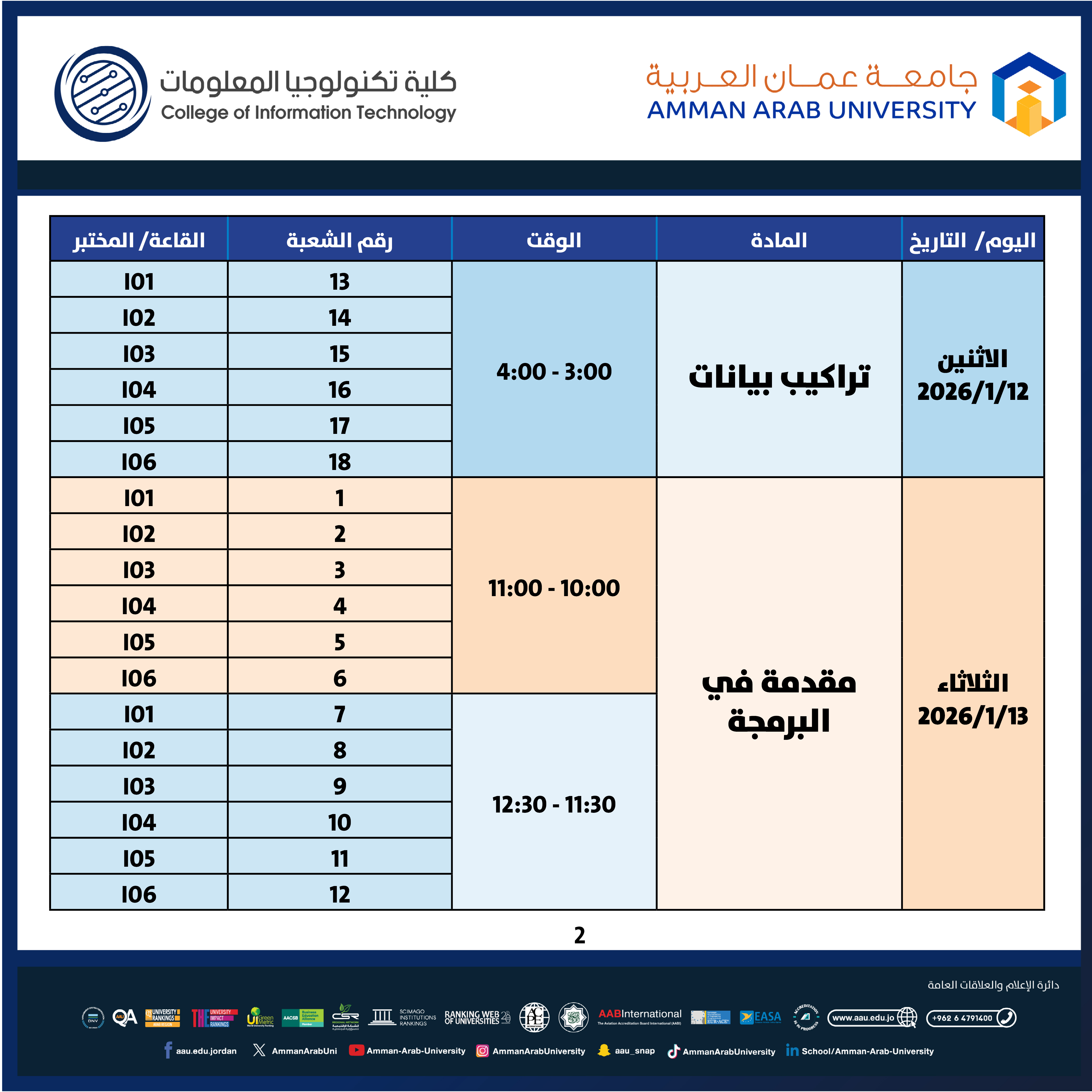 اعلان هام - جدول الإمتحانات النهائية العملية للفصل الدراسي الاول 2025-2026- كلية تكنولوجيا المعلومات2