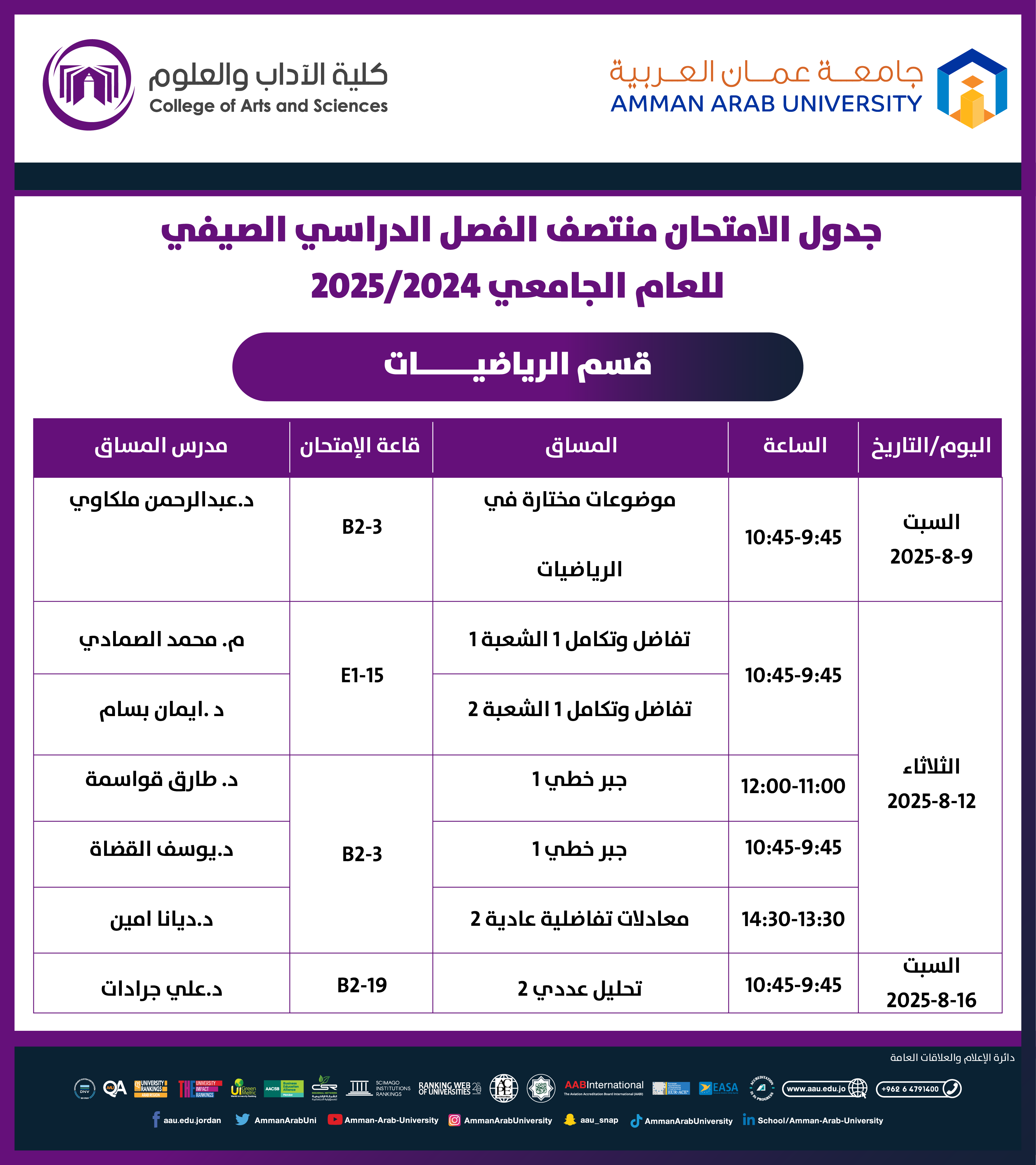 اعلان هام - جدول الامتحانات النصف فصلية (الميد) للفصل الدراسي الصيفي للعام الجامعي 2024-2025 - قسم الرياضيات1