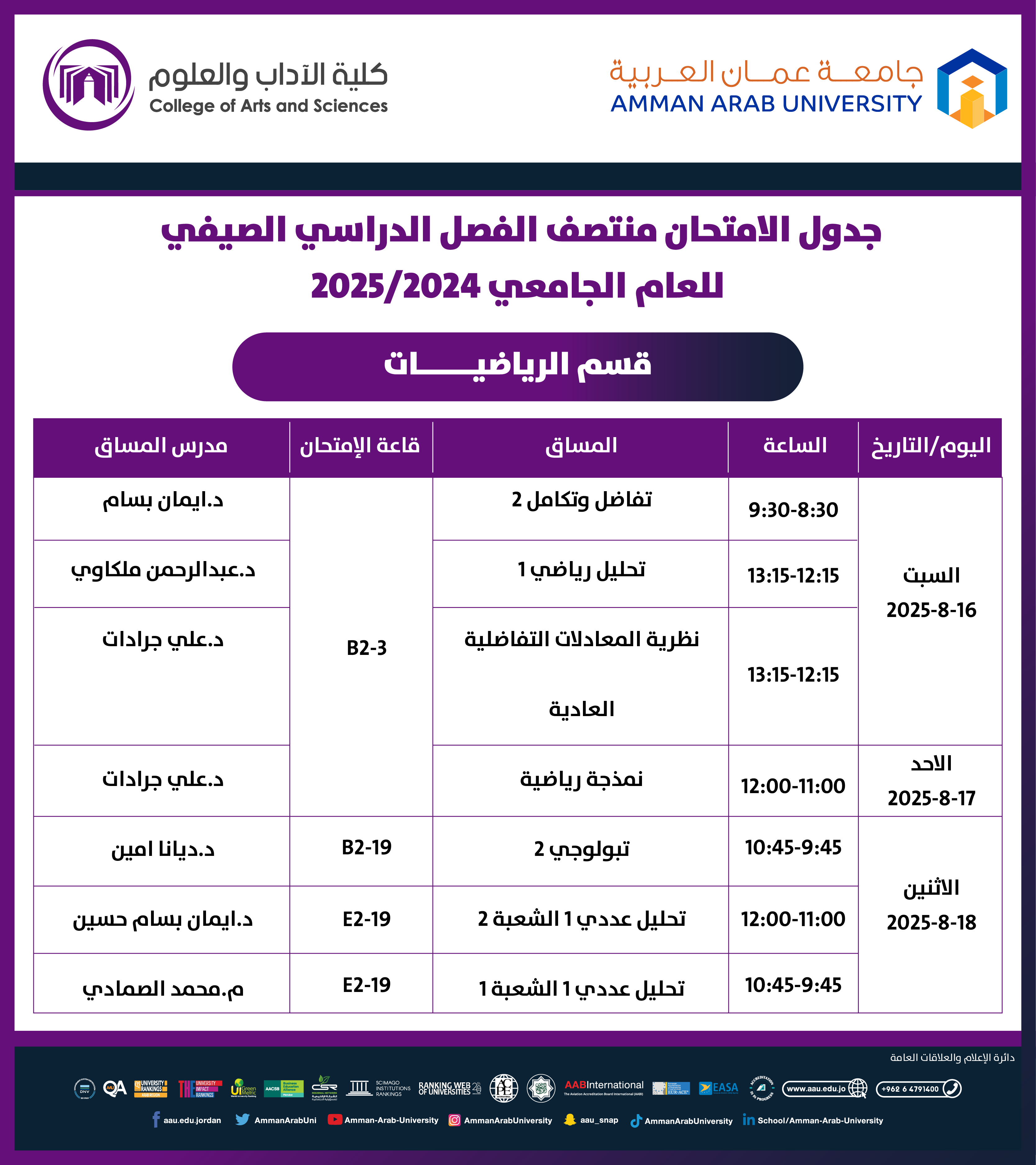 اعلان هام - جدول الامتحانات النصف فصلية (الميد) للفصل الدراسي الصيفي للعام الجامعي 2024-2025 - قسم الرياضيات2