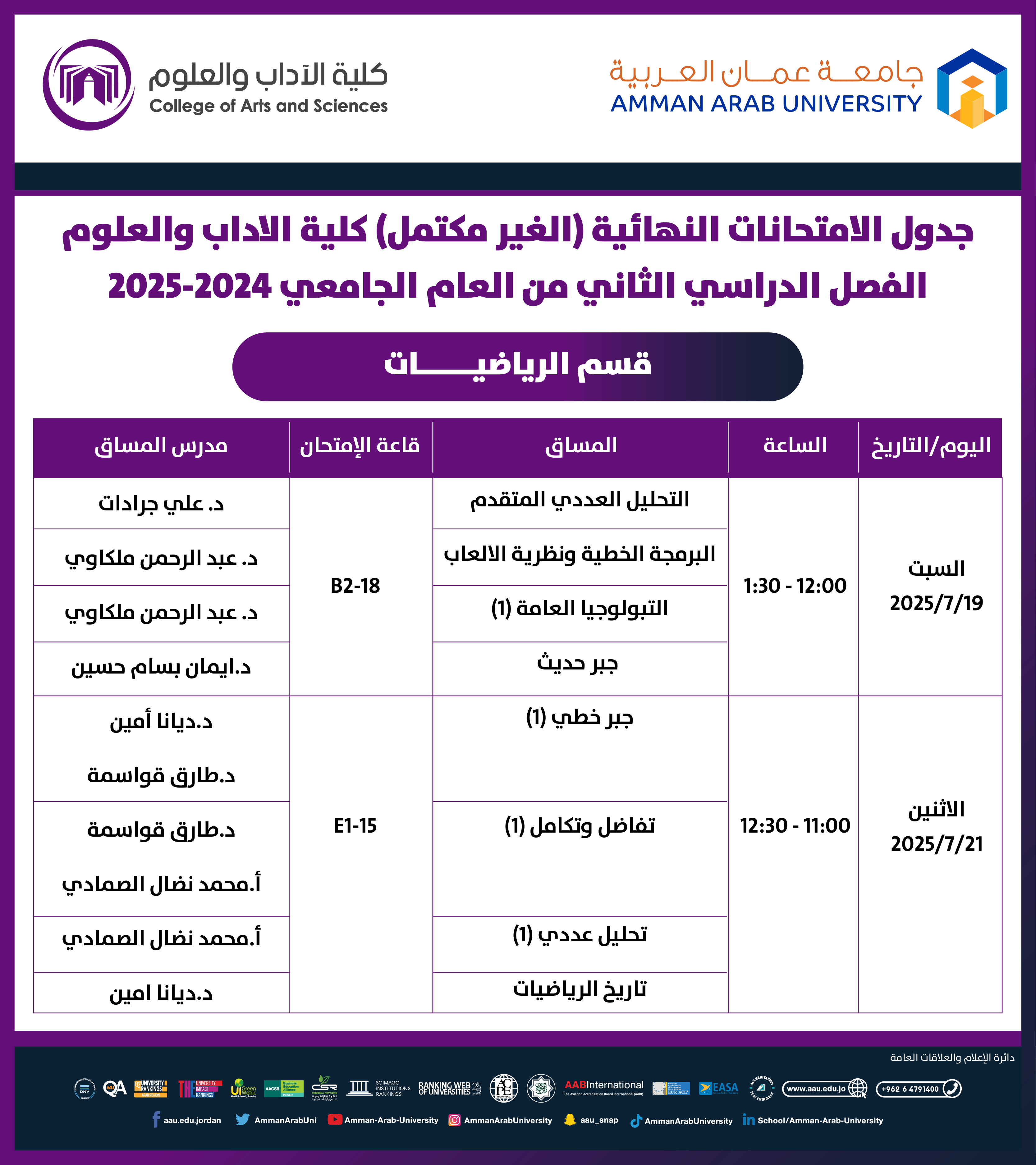 اعلان هام - جدول امتحانات النهائية غير المكتمل للفصل الدراسي الثاني 2024-2025 - قسم الرياضيات