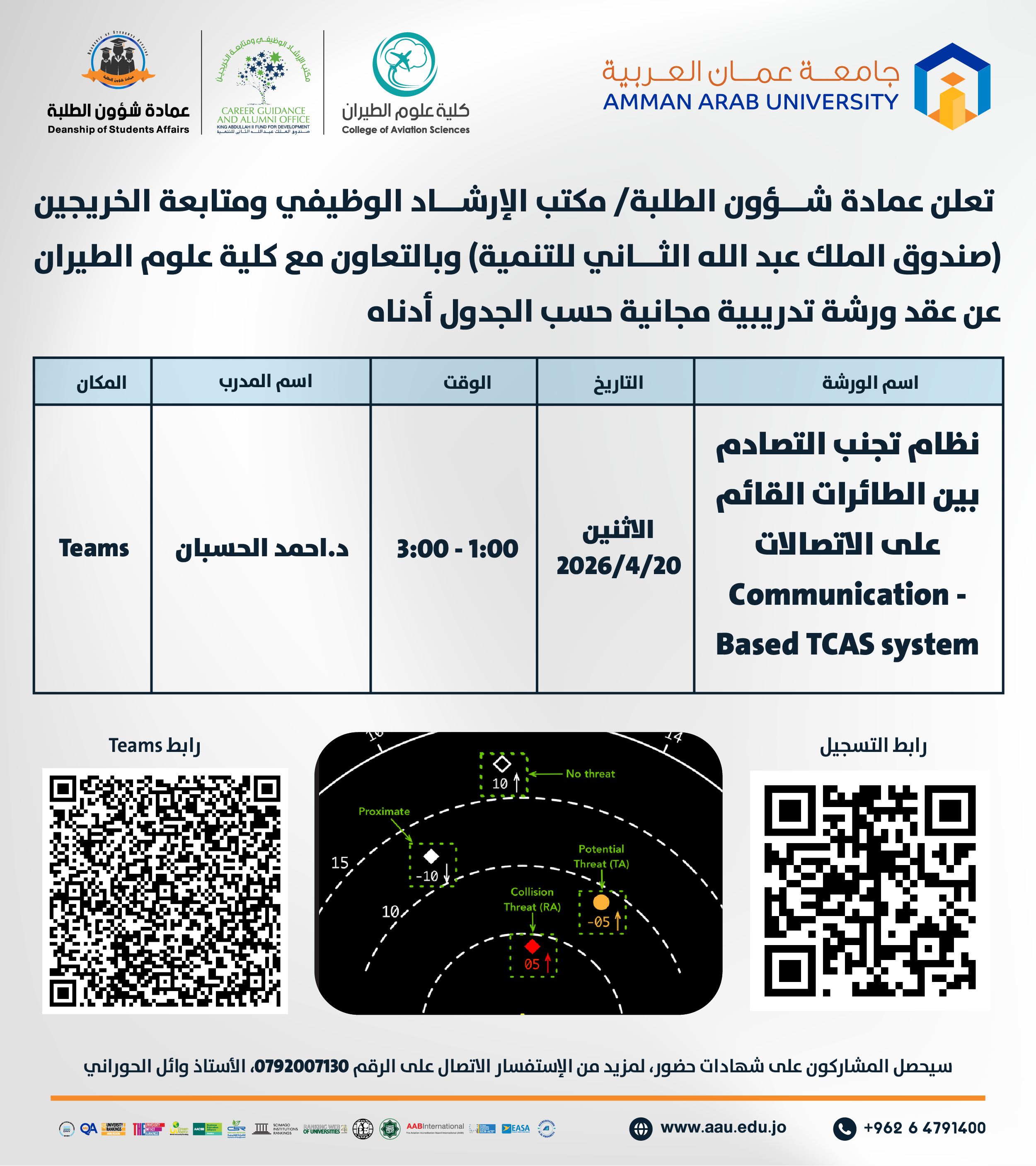 ورشة تدريبية بعنوان نظام تجنب التصادم بين الطائرات القائم على الاتصالات