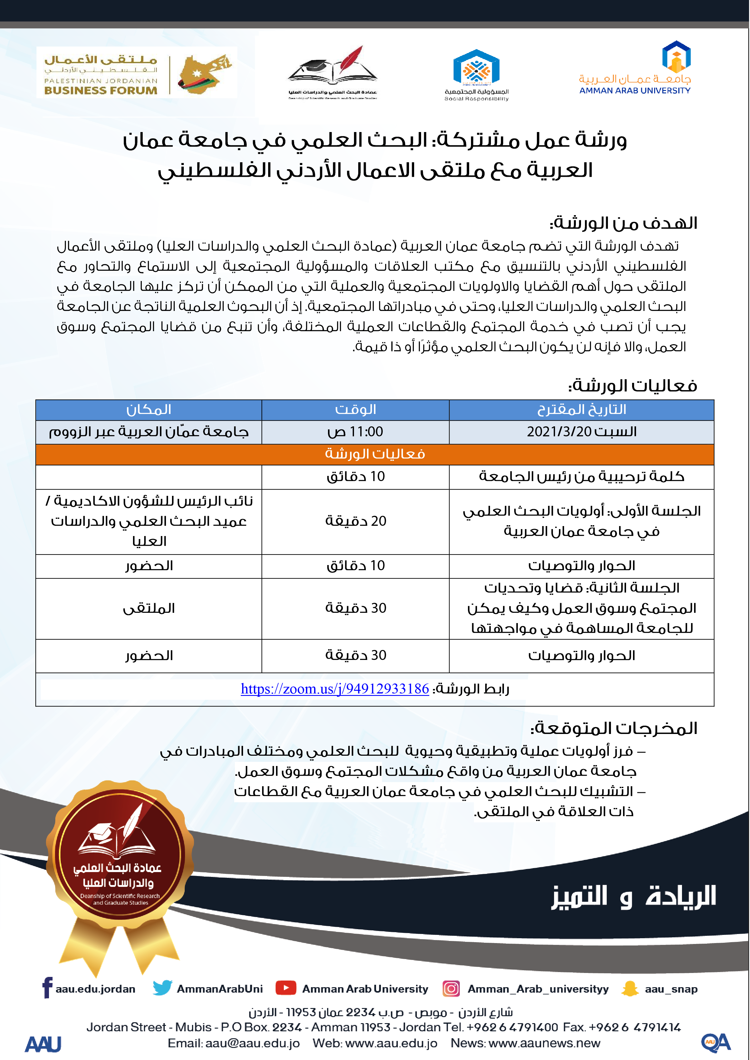 اعلان - ورشة عمل مشتركة، البحث العلمي في جامعة عمان العربية مع ملتقى الاعمال الاردني الفلسطيني