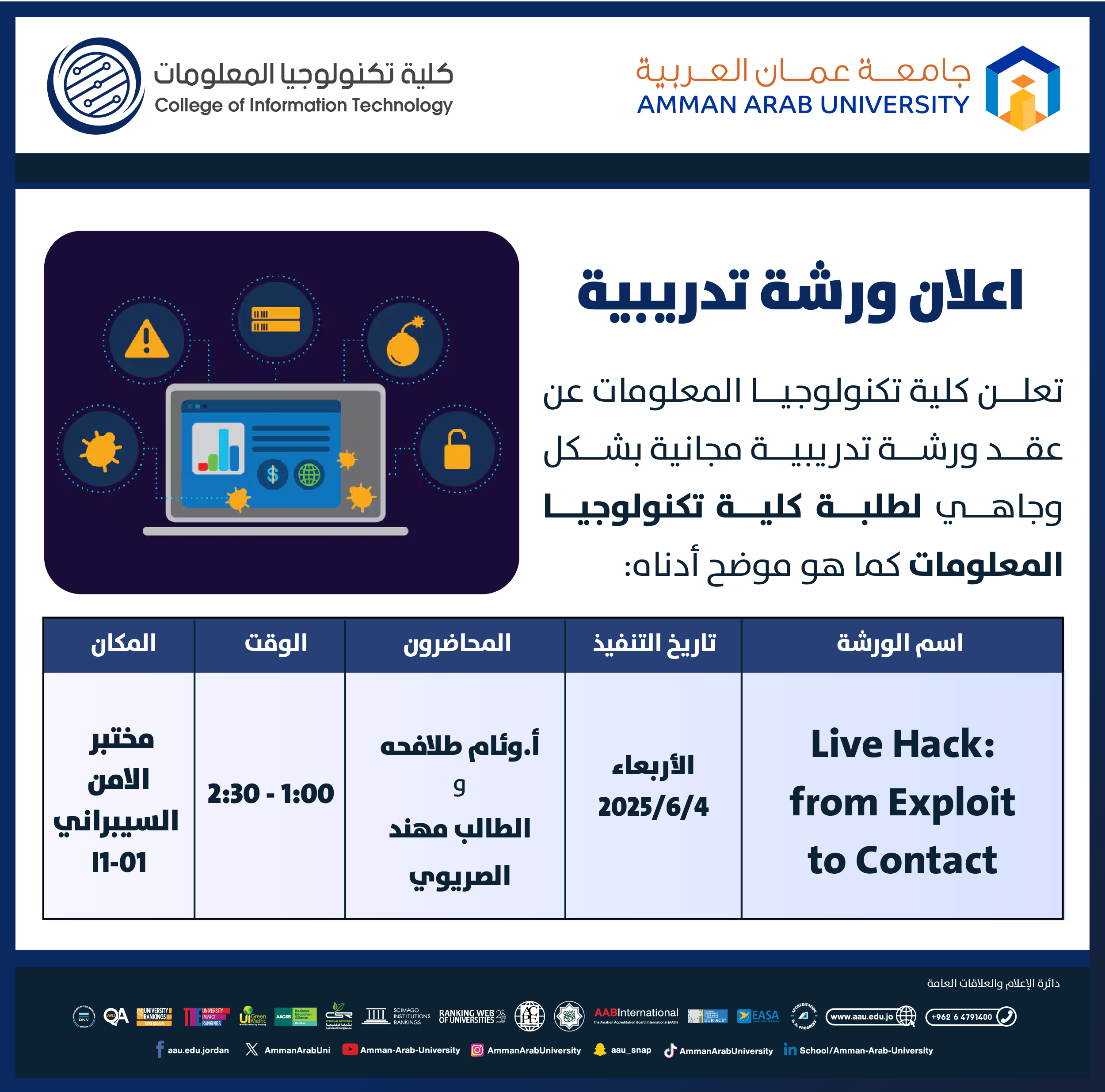 ورشة تدريبية لطلبة كلية تكنولوجي المعلومات بعنوان Live Hack