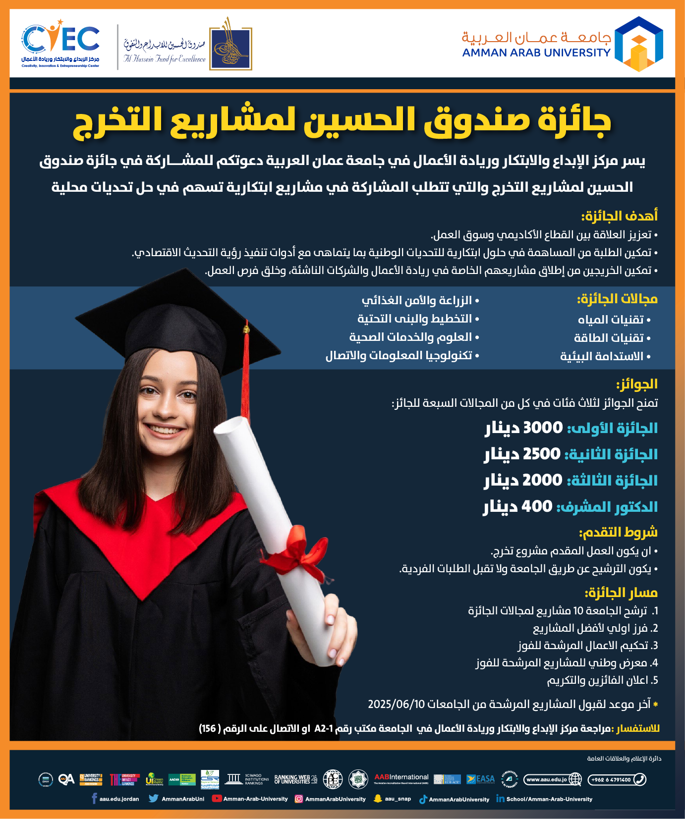 اعلان للطلبة للمشاركة في جائزة صندوق الحسين لمشاريع التخرج