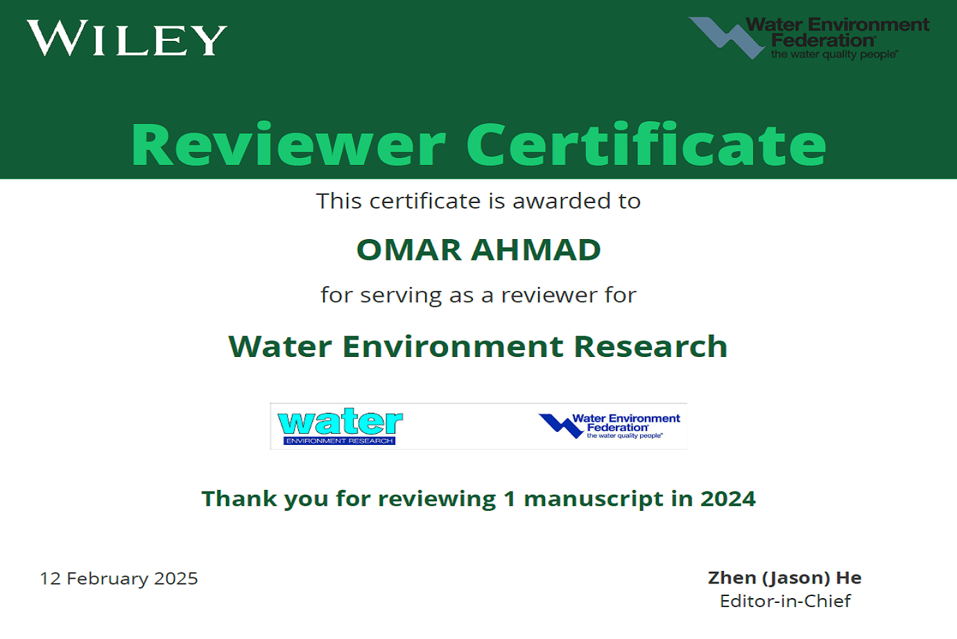 دار النشر العالمية WILEY تكرم الدكتور عمر أسعد من هندسة "عمان العربية" محكماً خارجياً للمجلة 1