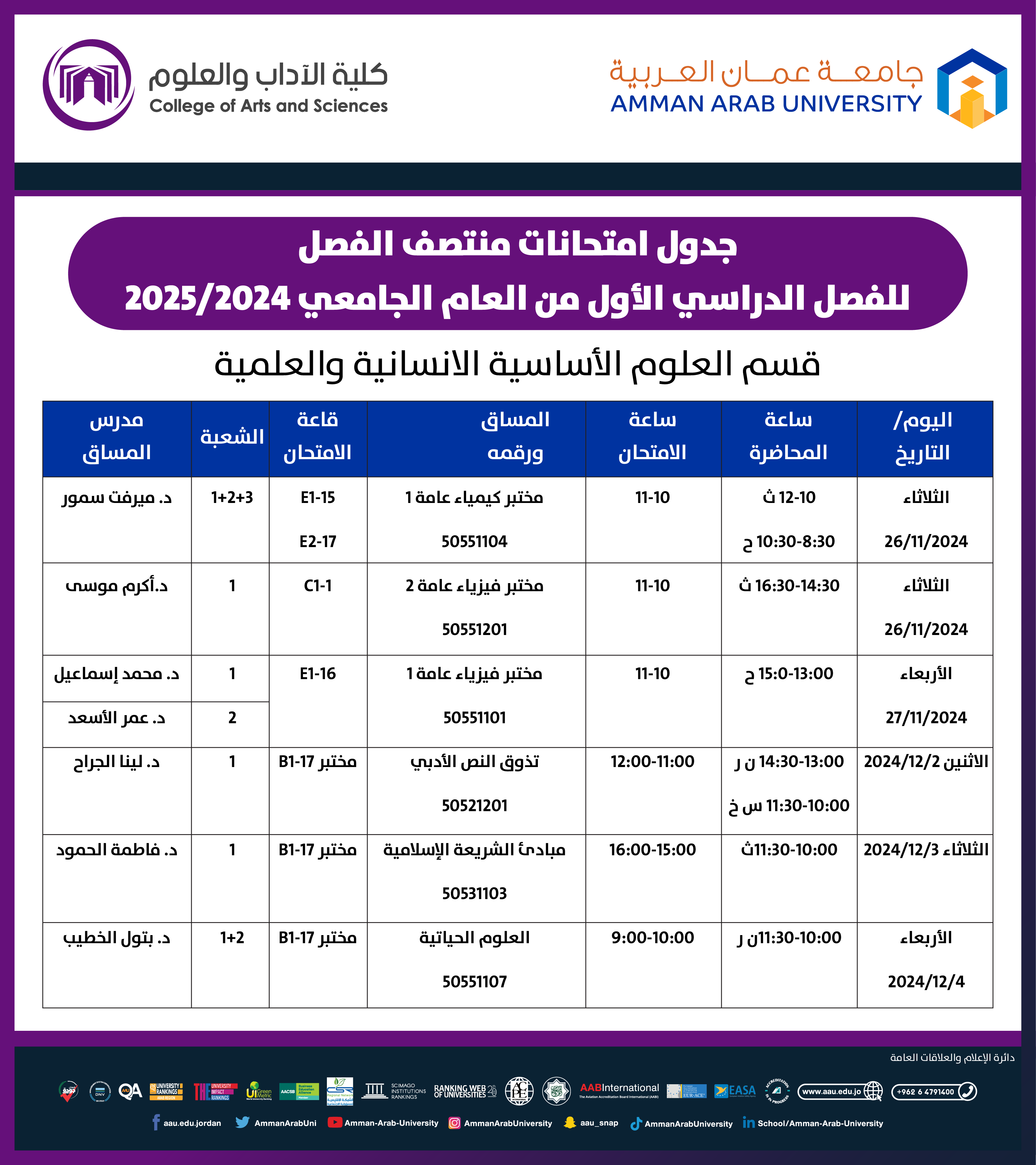 اعلان هام - جدول الامتحانات النصف فصلية لقسم العلوم الاساسية1