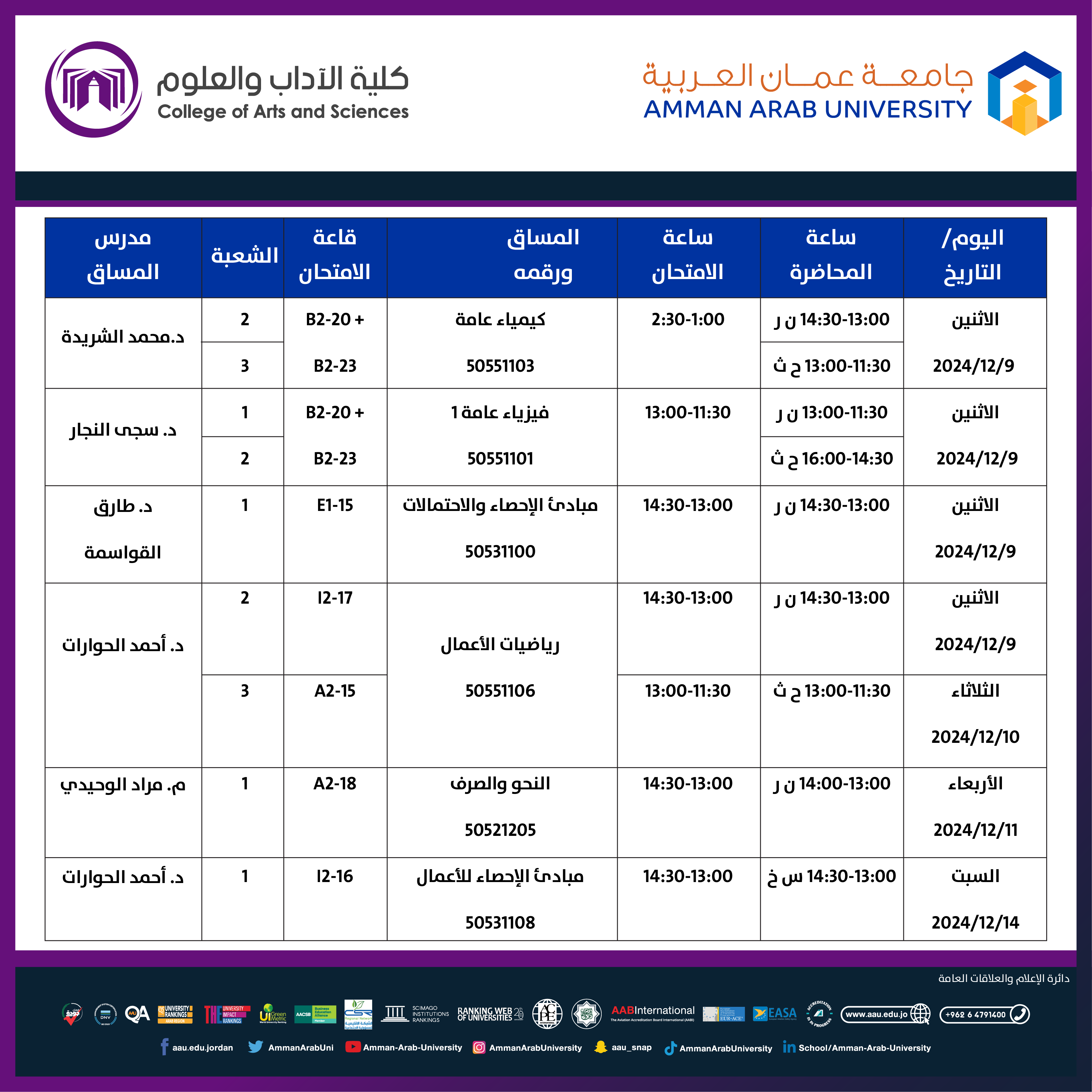 اعلان هام - جدول الامتحانات النصف فصلية لقسم العلوم الاساسية3