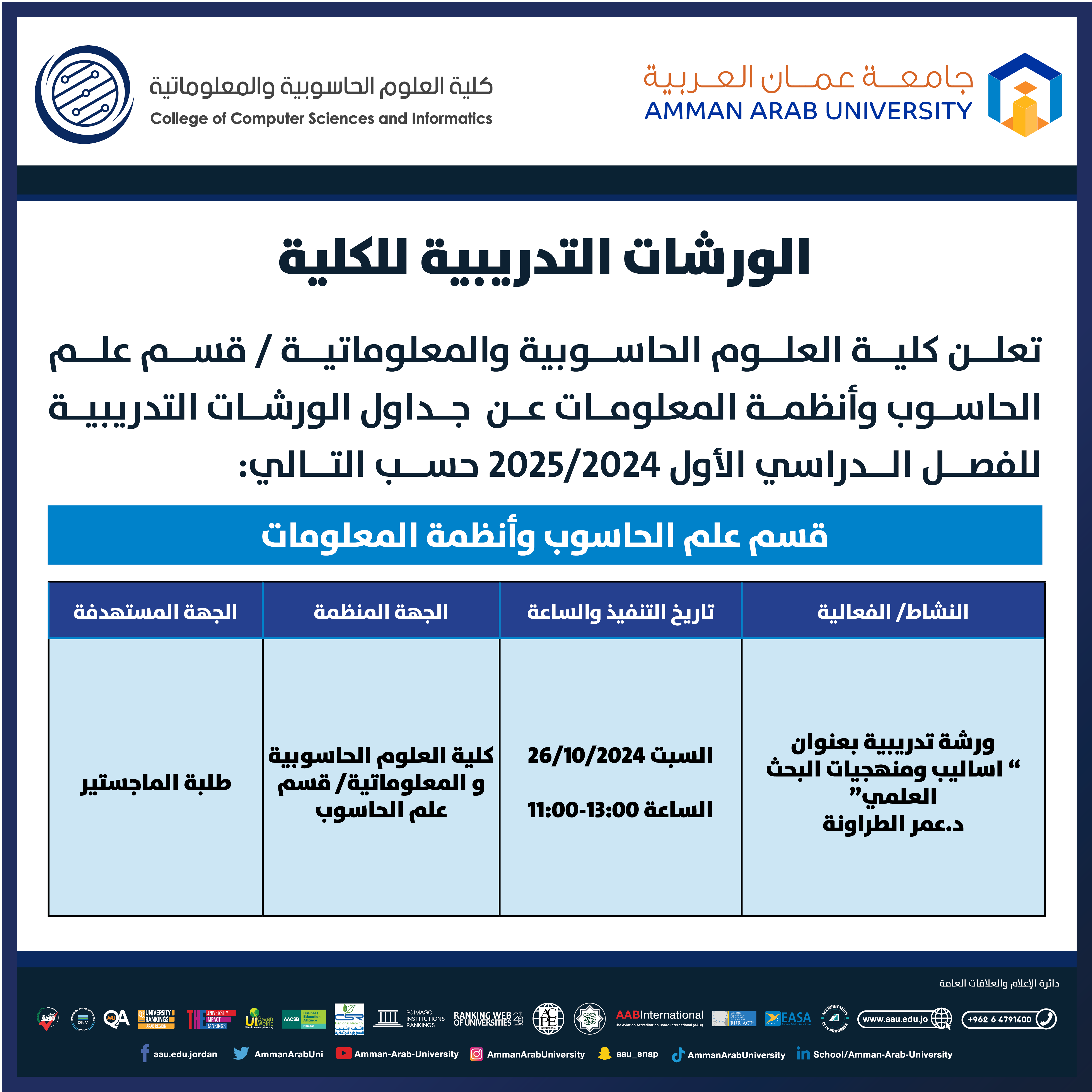 ورشة تدريبية بعنوان اساليب ومنهجيات البحث العلمي