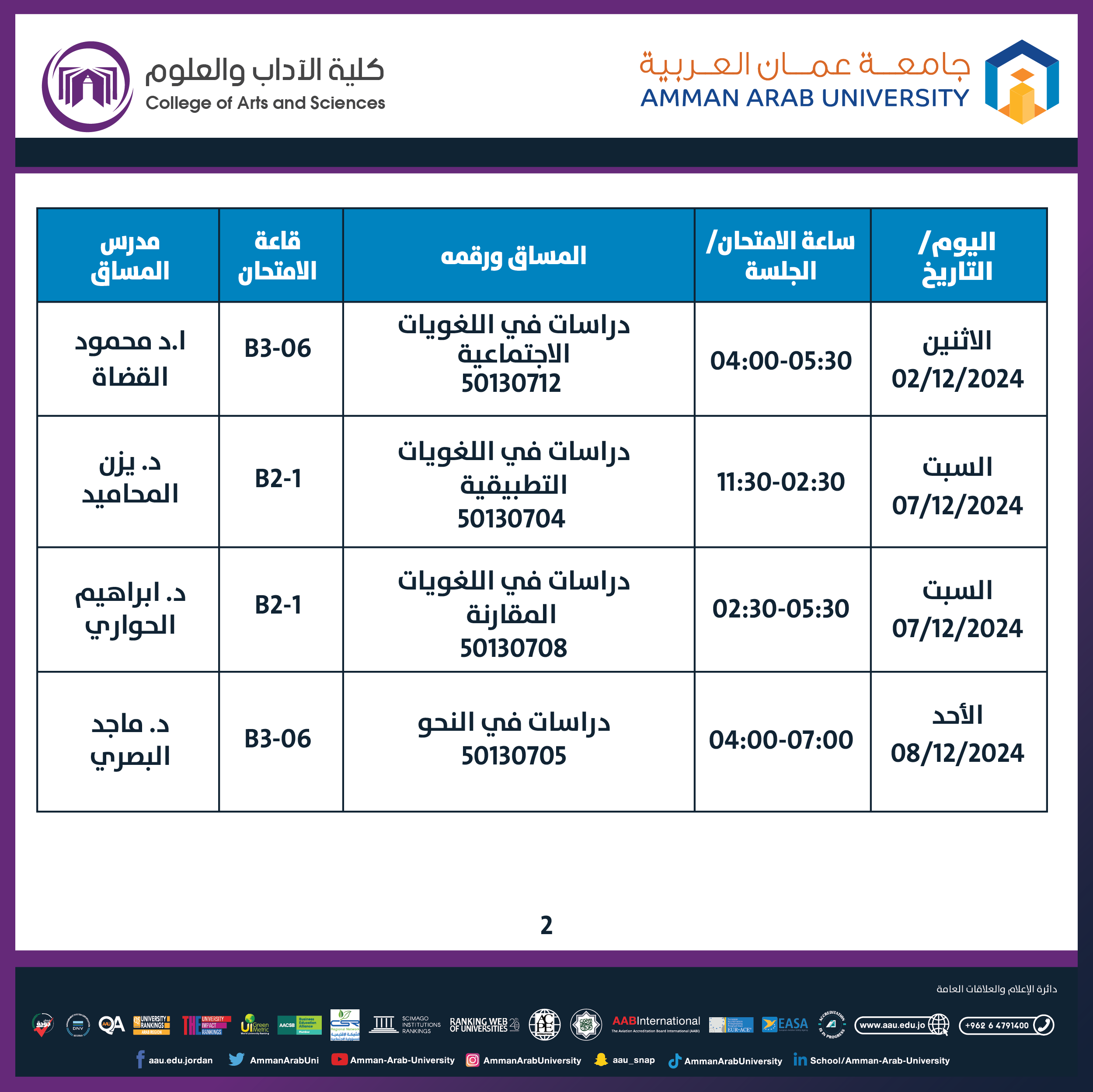 اعلان هام - جدول امتحانات منتصف الفصل - ماجستير قسم اللغة الانجليزية1 