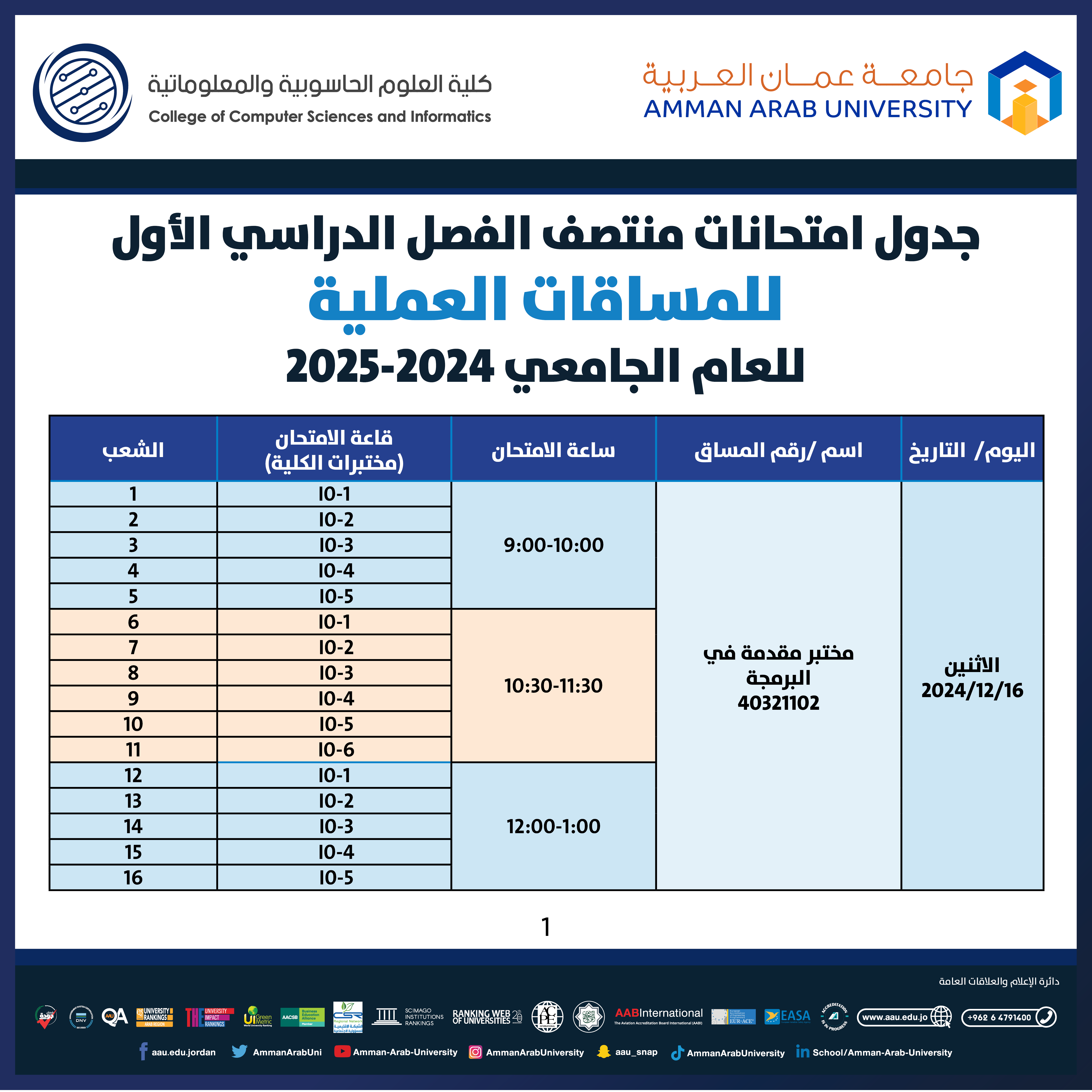 اعلان هام - جدول امتحانات منتصف الفصل للمختبرات - كلية العلوم الحاسوبية والمعلوماتية