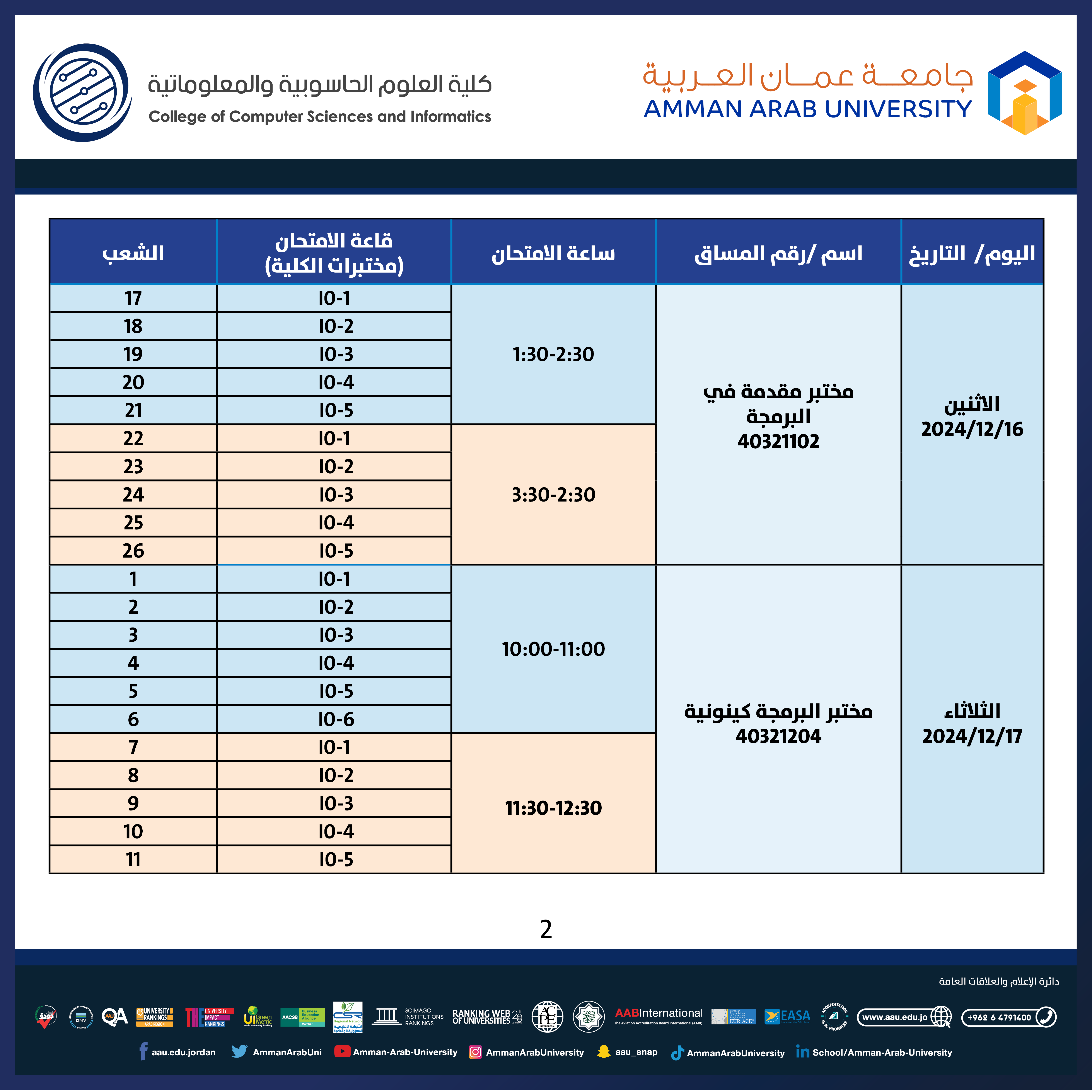 اعلان هام - جدول امتحانات منتصف الفصل للمختبرات - كلية العلوم الحاسوبية والمعلوماتية1