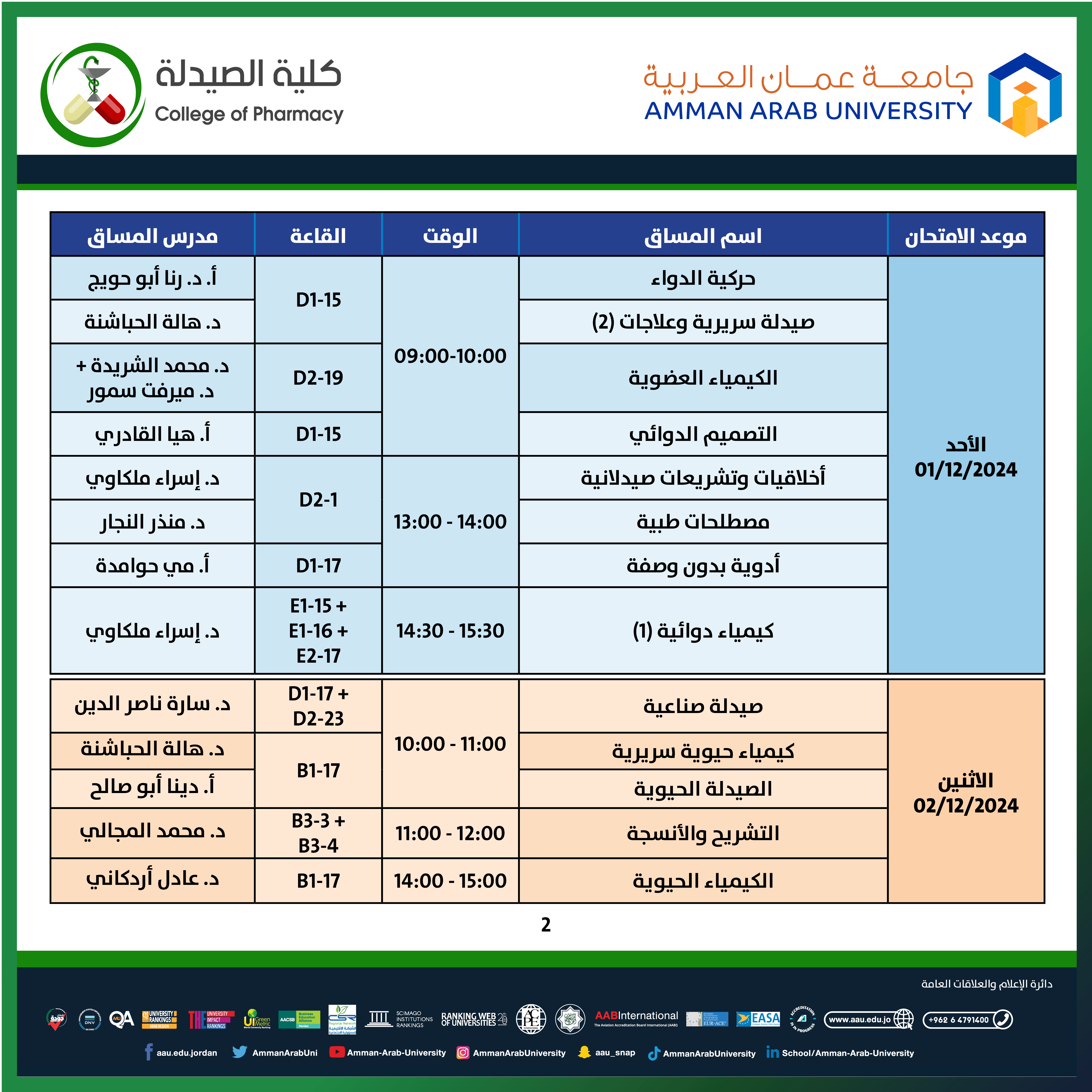 اعلان هام جدول الامتحانات النصف فصلية للمساقات النظرية - كلية الصيدلة2