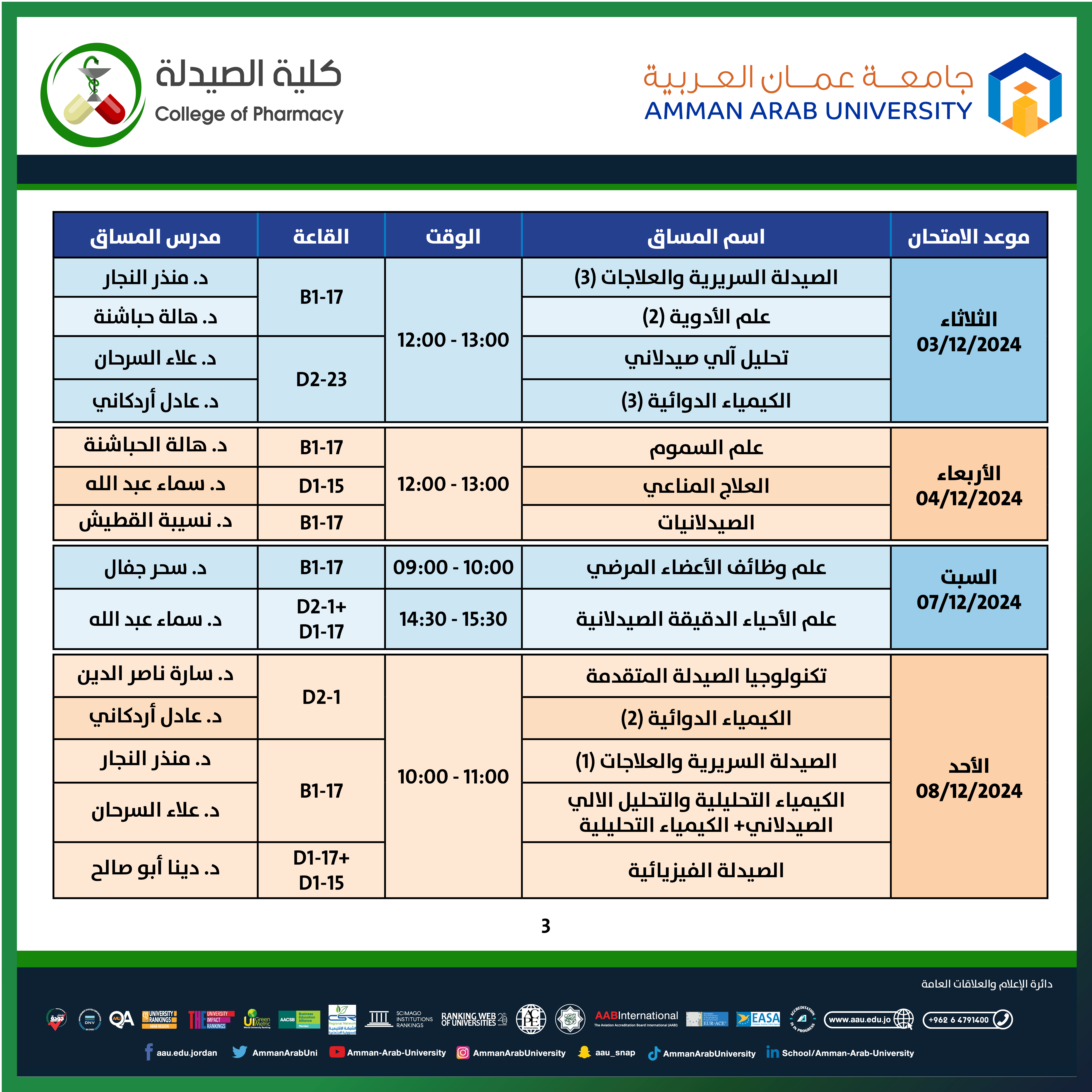 اعلان هام جدول الامتحانات النصف فصلية للمساقات النظرية - كلية الصيدلة3