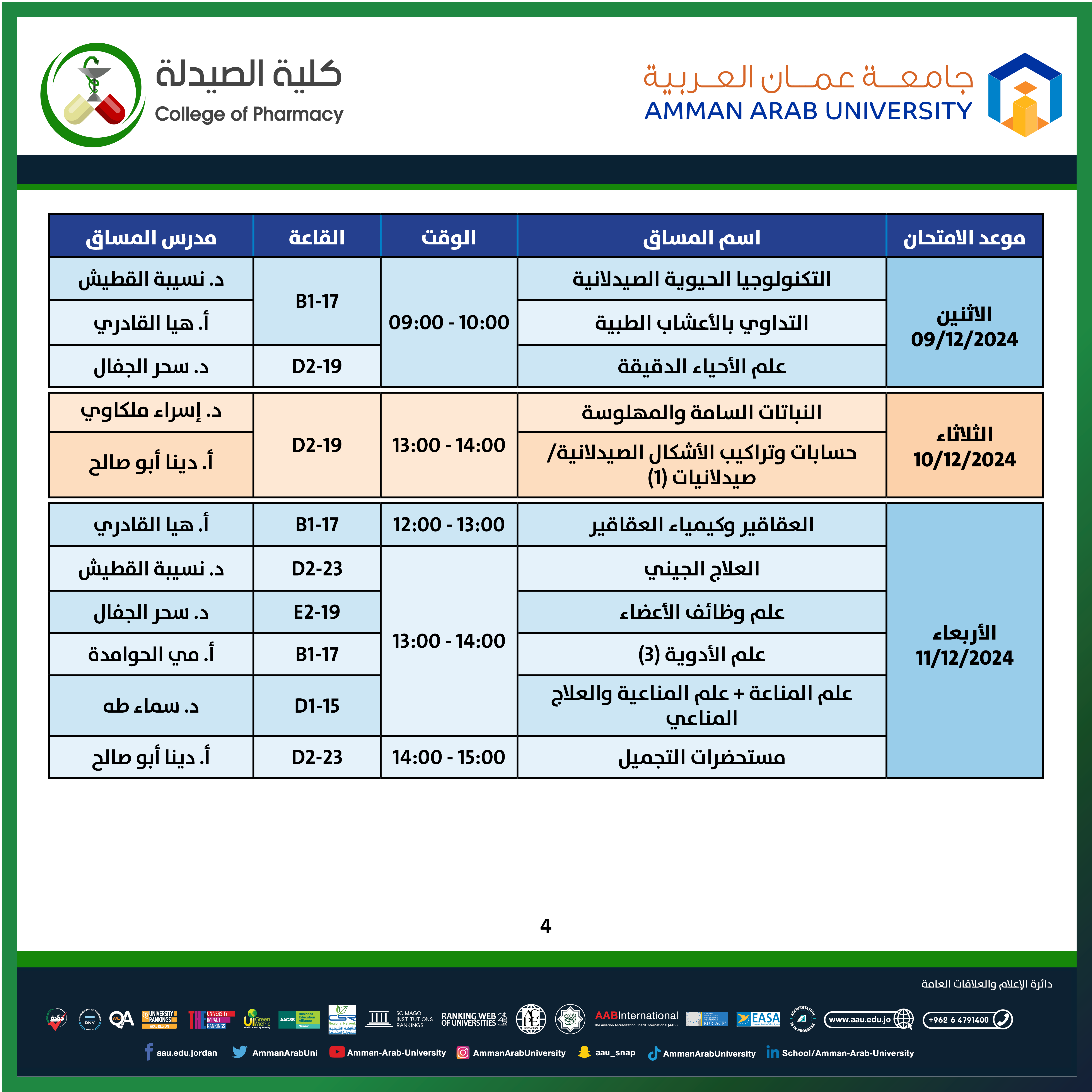 اعلان هام جدول الامتحانات النصف فصلية للمساقات النظرية - كلية الصيدلة4