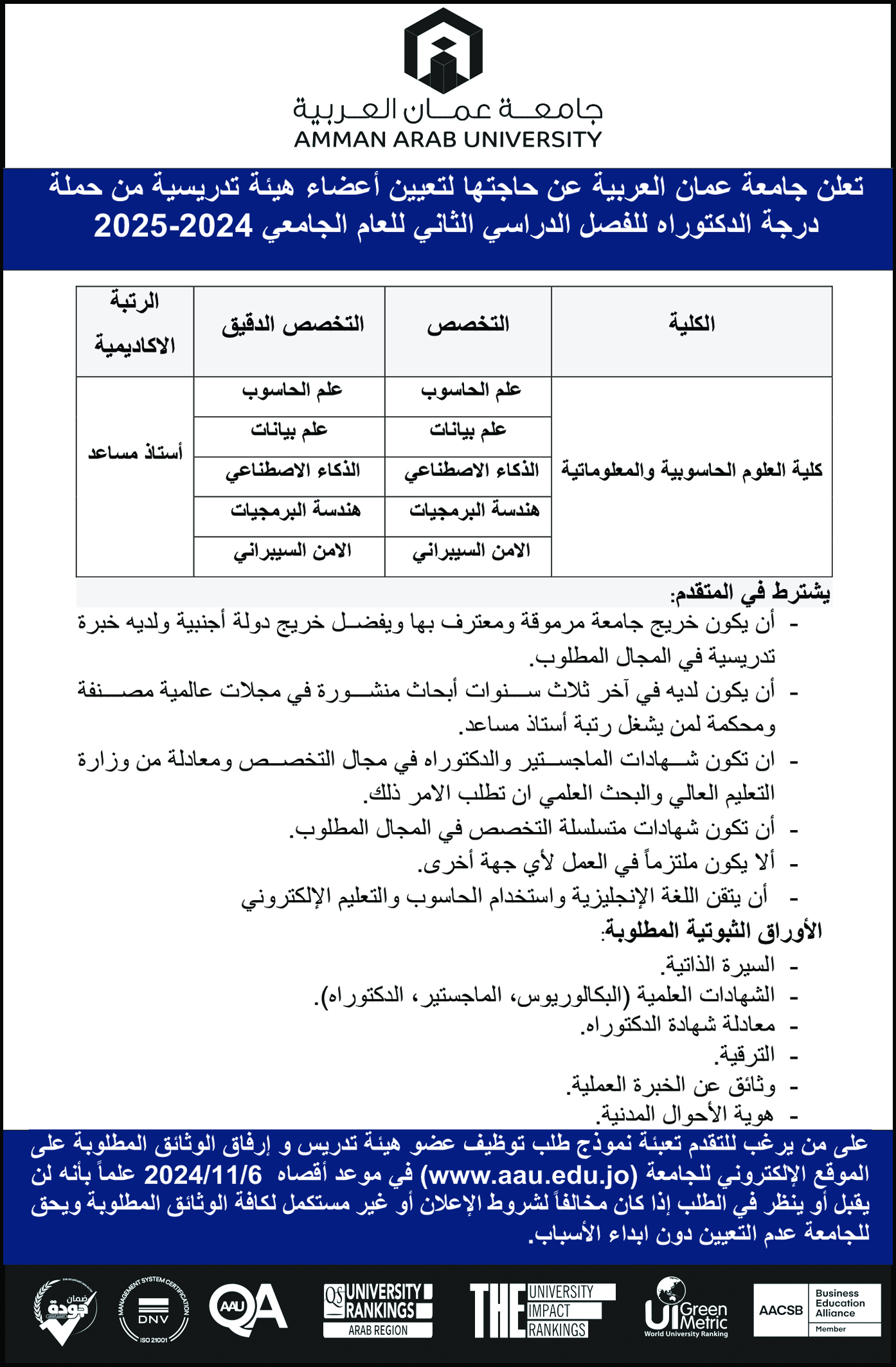 تعلن جامعة عمان العربية عن حاجتها لتعيين أعضاء هيئة تدريسية من حملة درجة الدكتوراه للفصل الدراسي الثاني للعام الجامعي 2024-2025