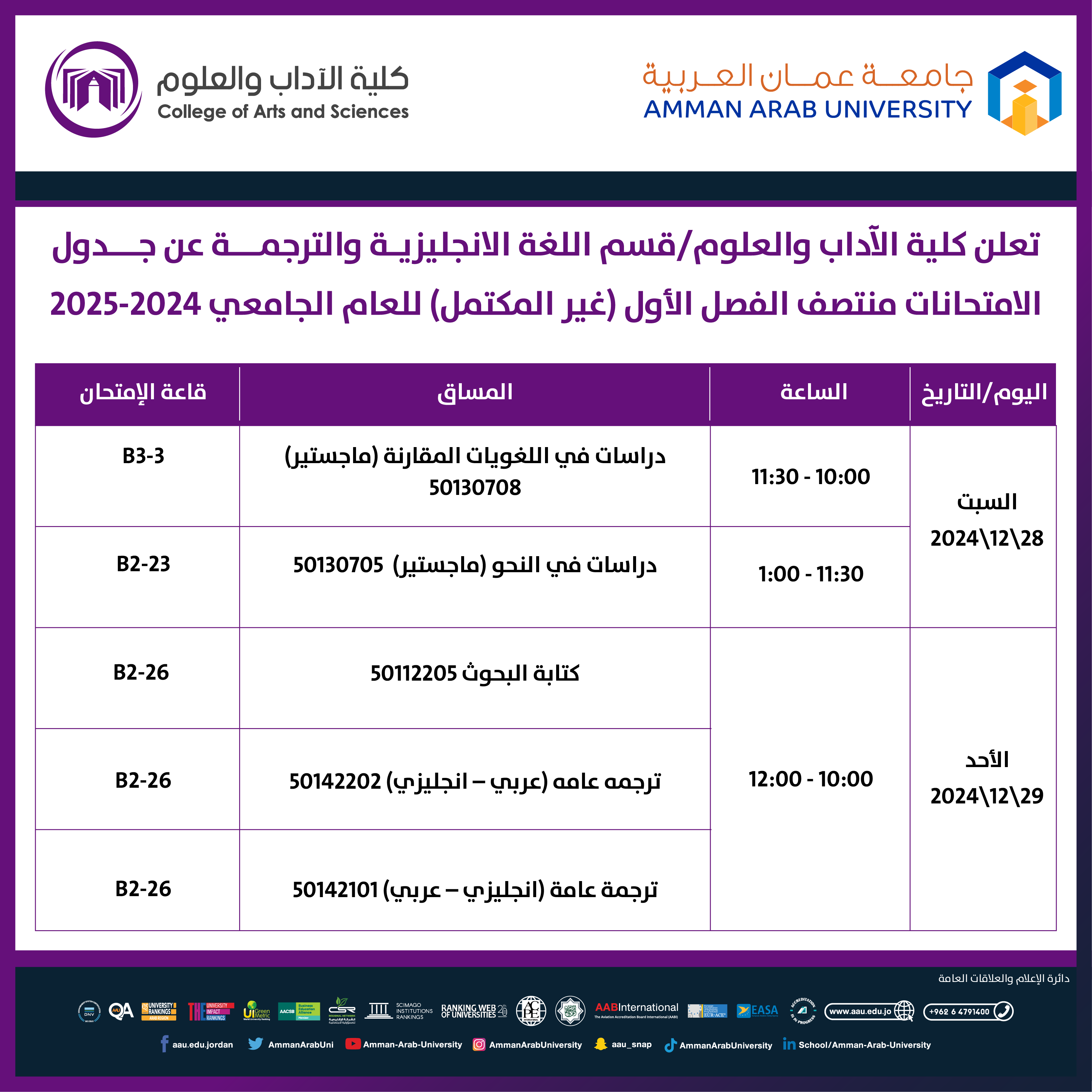  اعلان هام - امتحانات منتصف الفصل (غير مكتمل) قسم اللغة الانجليزي - كلية الآداب والعلوم1