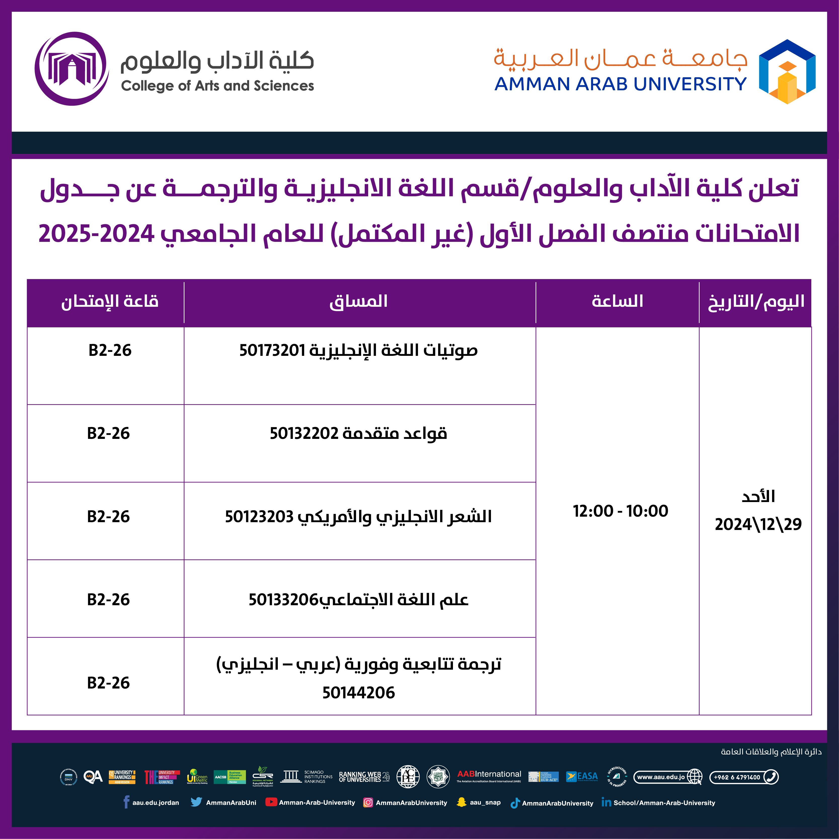  اعلان هام - امتحانات منتصف الفصل (غير مكتمل) قسم اللغة الانجليزي - كلية الآداب والعلوم2